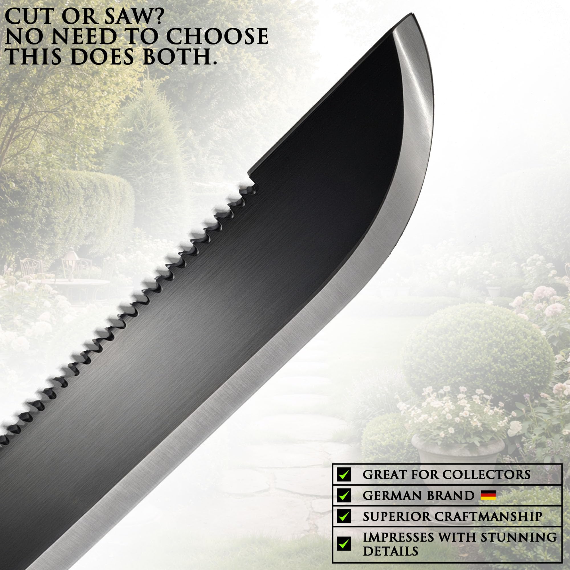 Serpe de Débroussaillage 2-en-1 avec Dos Dentelé & Fourreau Nylon – Outil Professionnel de Jardin | Lame en Acier Inox 3Cr13 | Coupe Ronces, Broussailles & Branches