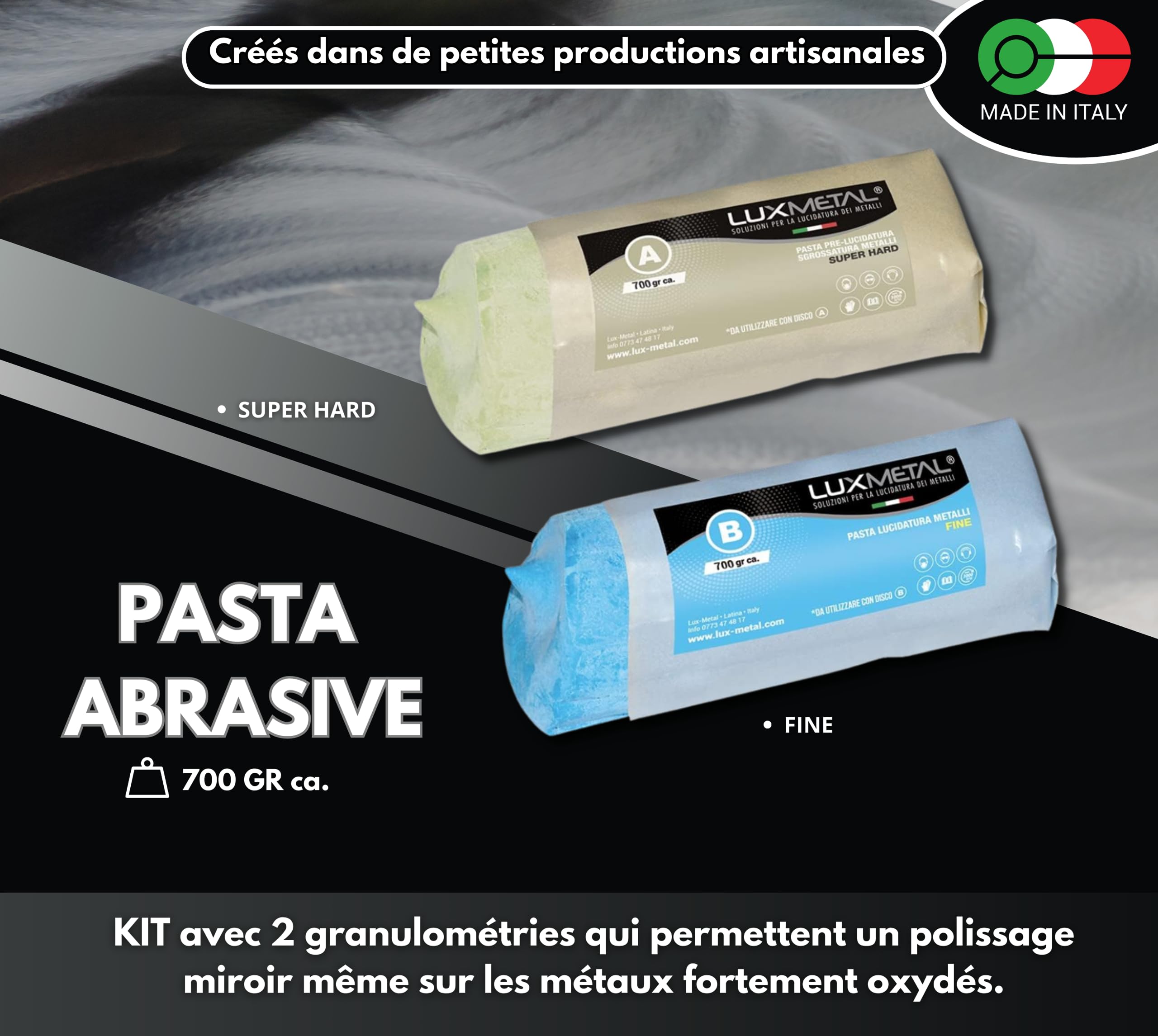 2 Pate a polir abrasive 700g A-B Fin Gros Kit de Polissage Metal Acier Inox Alu Aluminium laiton bronze pour Metaux Nettoyage cuivre or argent Polish Chrome plexiglass Resine Epoxy Couteau