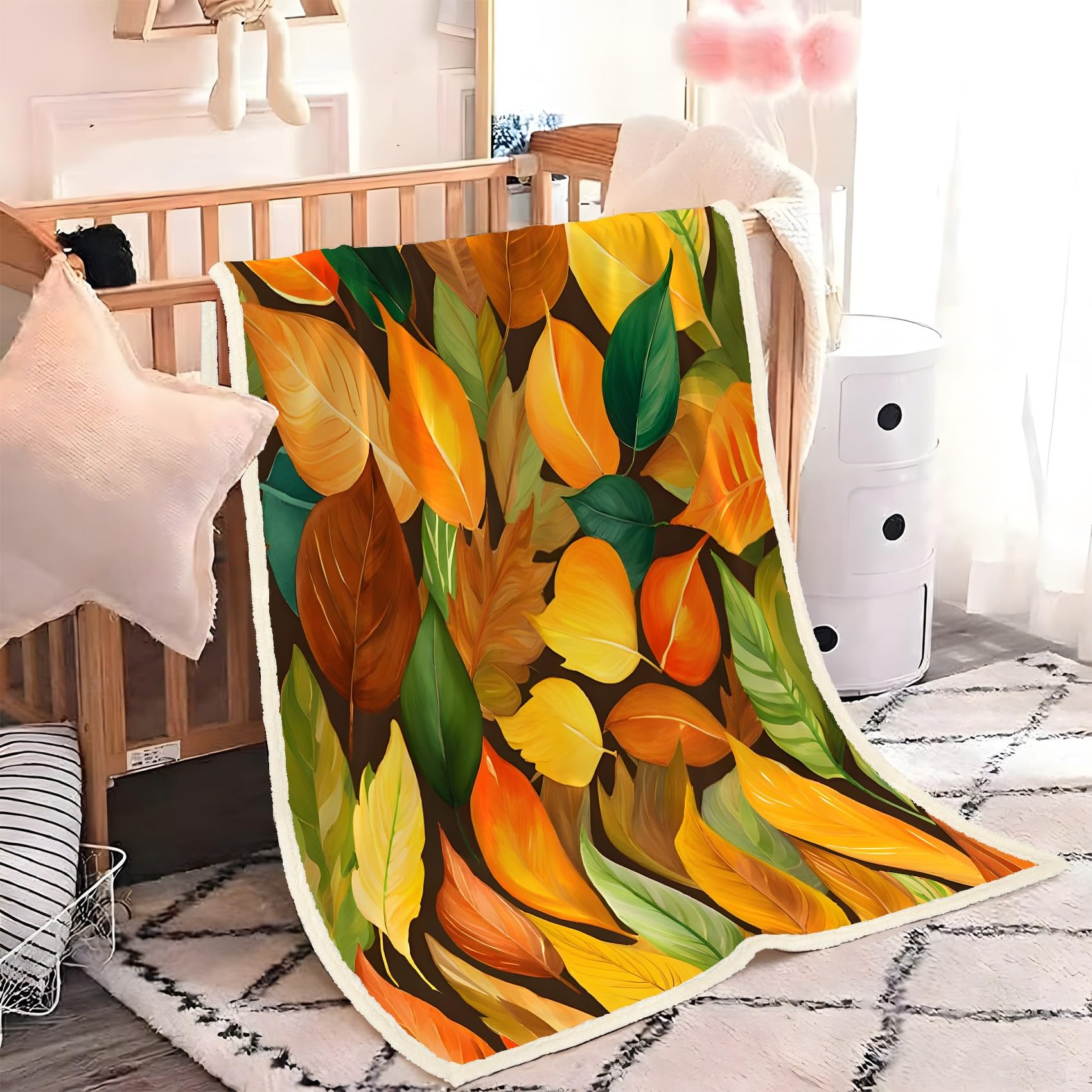 Gelbgrüne Blätter Sherpa Decke 130x170 cm – Warme & flauschig, Brown Kuscheldecke für Kinderzimmer, Sofa oder als Bein-Decke, Weiche Wohndecke zum Relaxen