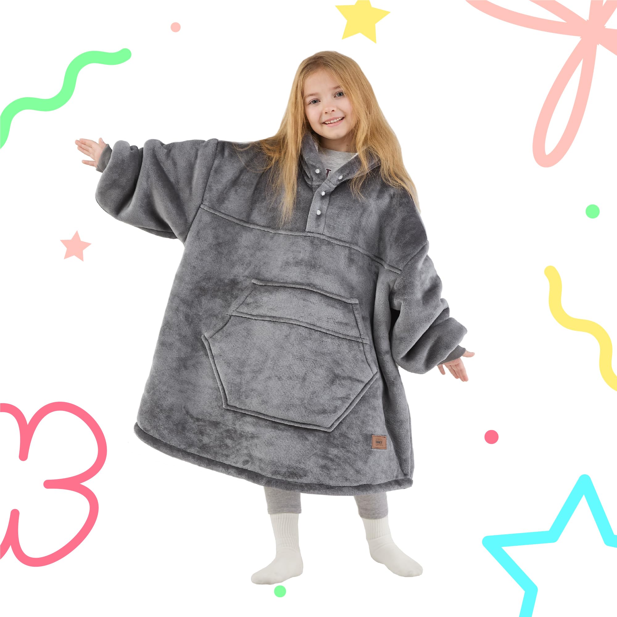 Degrees of Comfort Wearable Blanket Hoodie for Kids, Sherpa Hooded Sweatshirt, One Size Grey