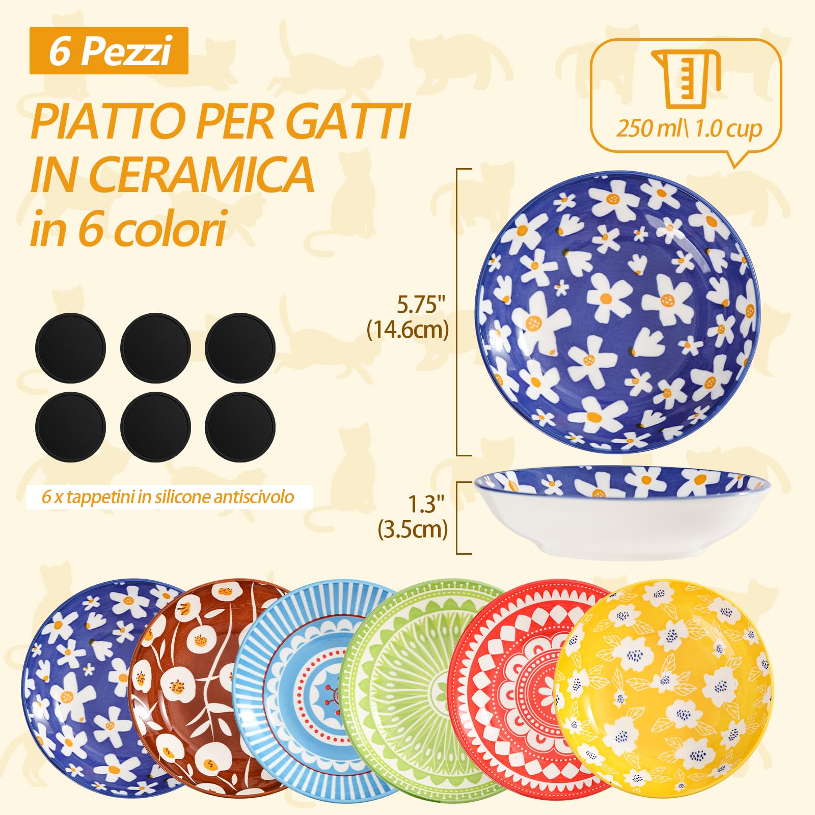 Ciotole per Gatti in Ceramica - Set di 6 Scodelle della Serie Fiaba in Porcellana - Ciotoline Colorate per Cibo - Piatti e Piattini per Mangiare - 250 ml
