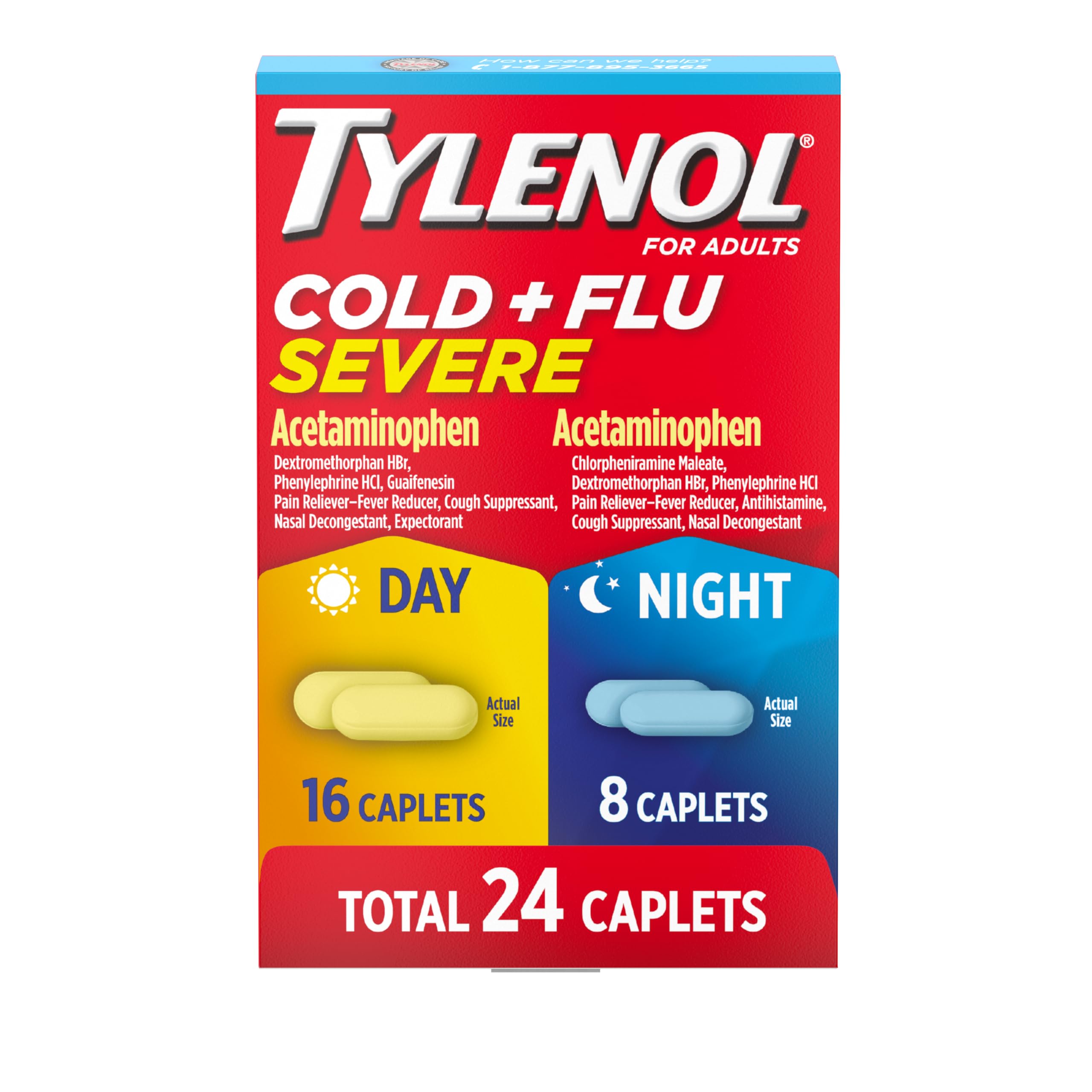 Tylenol Cold + Flu Severe Daytime + Nighttime Cold Medicine Caplets Combo Pack for Multi-Symptom, Cough, Sore Throat, Headache, Nasal Congestion Relief, Acetaminophen, Pain Reliever, 24 Count