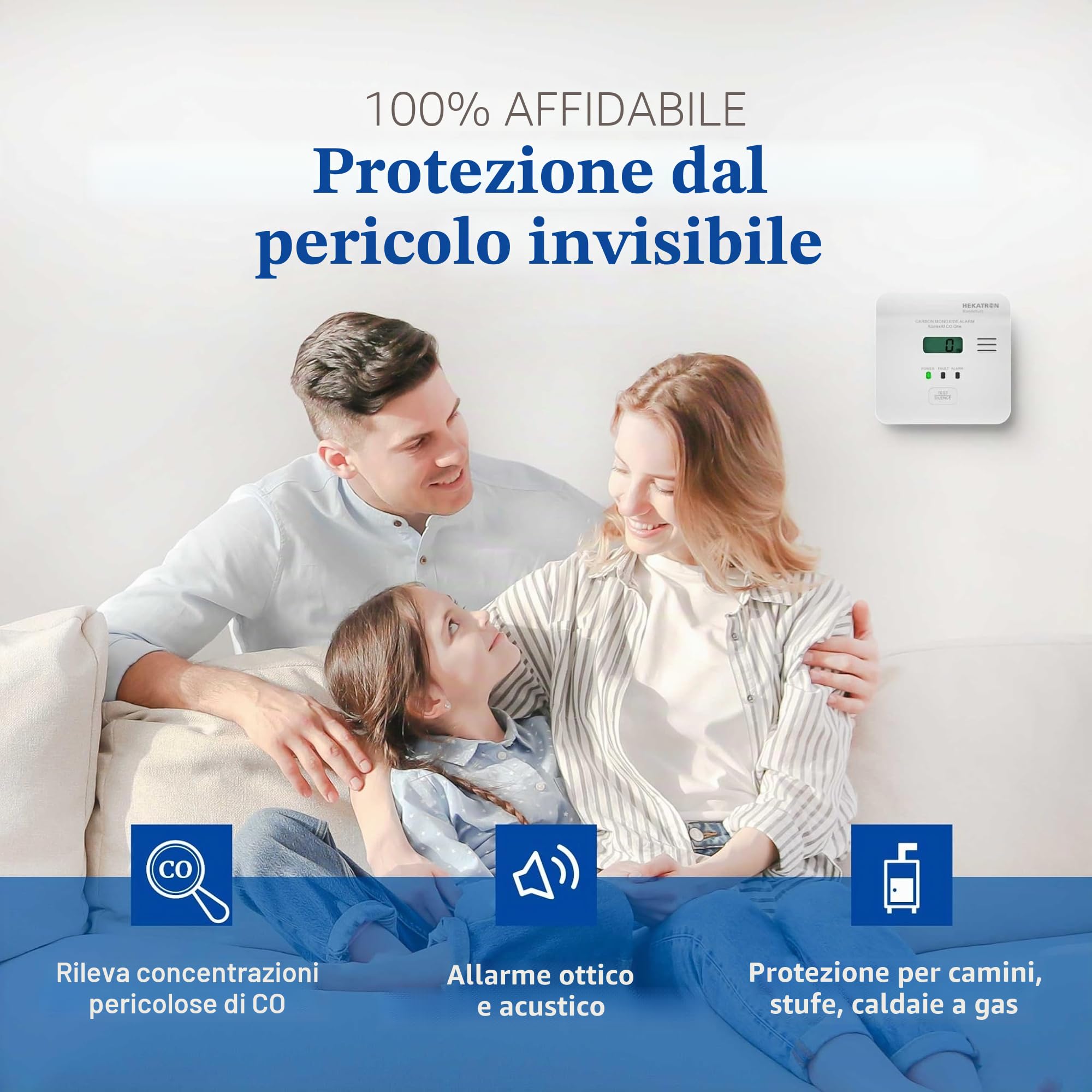 Hekatron KonexXt CO One - Rilevatore di monossido di carbonio 10 anni di batteria - Rilevatore CO con display chiaro e pulsante di allarme di prova, facile installazione