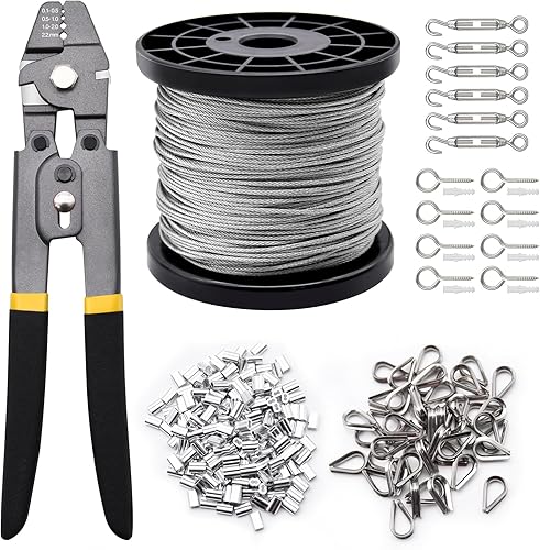 Miniatura 8 de Kit de herramientas de prensado de cuerda de alambre de 656 pies, cable de cuerda de alambre de acero inoxidable con mangas de prensado de aluminio