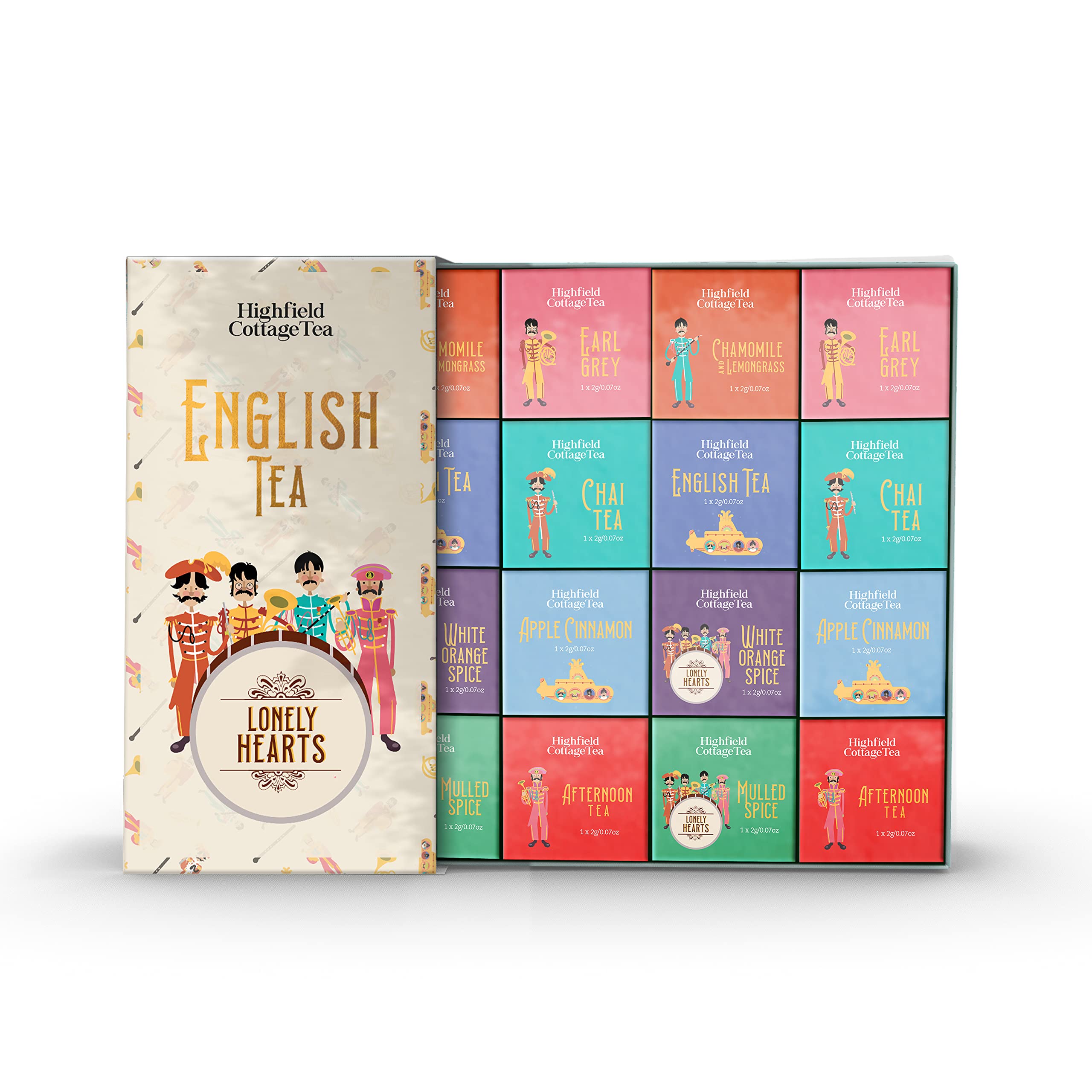 Highfield Cottage Tea Lonely Hearts Tea Gift Set – 8x2 Tea blends [Earl Grey, English Breakfast, Camomile & Lemongrass, Afternoon, Moroccan Mint, Summer Berry, Rose Blush, Chai] - [32g/1.13oz]