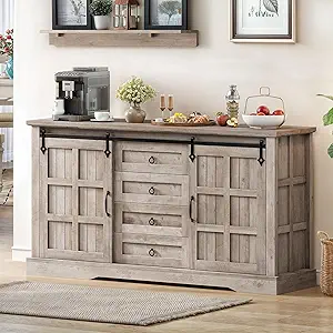DWVO 59" Kitchen Storage Cabinet, Sideboard Buffet Cabinet with Storage, Sliding Barn Doors and 4 Drawers for Living Room/Kitchen, Wash Grey