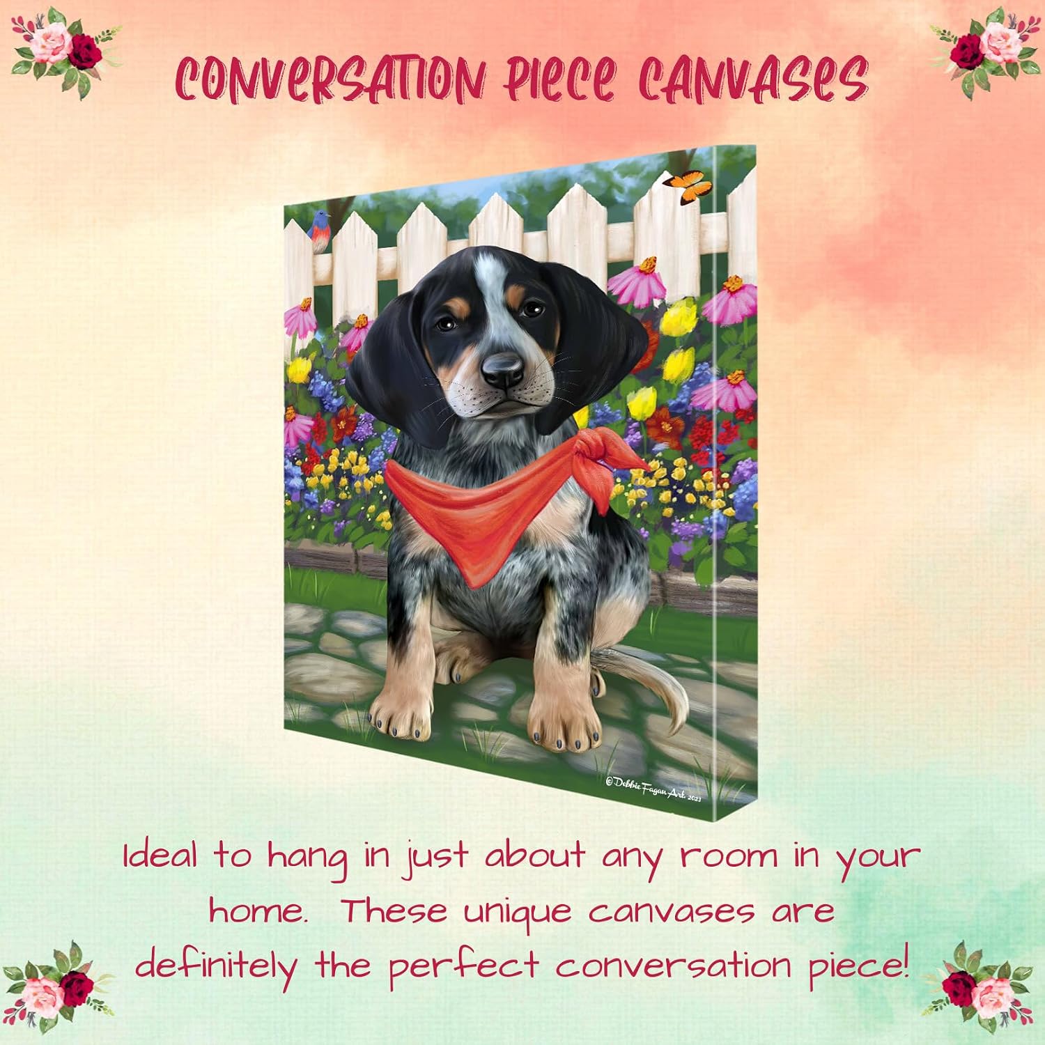 Spring Floral with Bluetick Coonhound Dog Canvas Wall Art - Premium Quality Ready to Hang Room Decor - White Floating Framed 24" x 36"