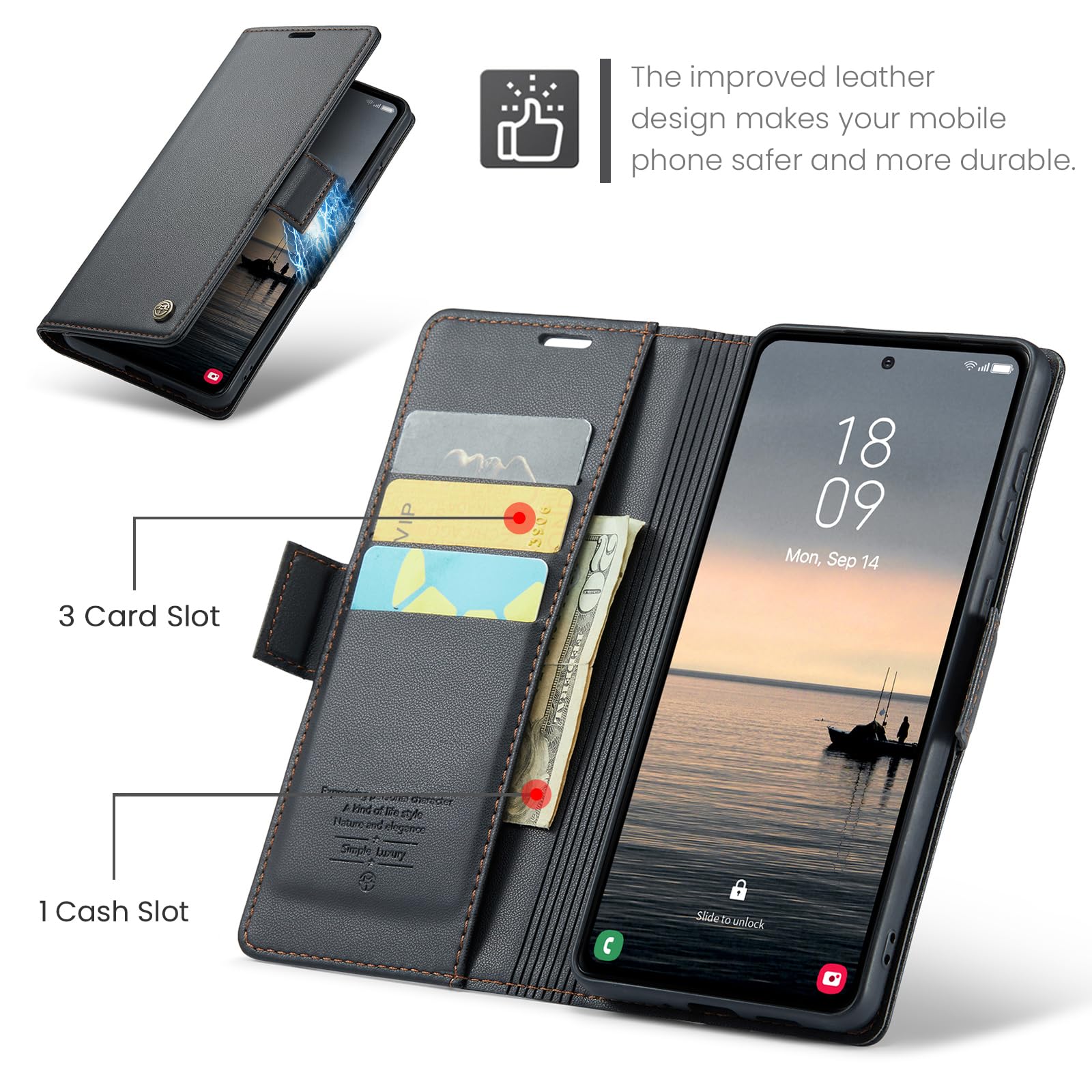 Cover per Samsung A14 Custodia Portafoglio [Blocco RFID] Premium Pelle PU [Magnetica] Wallet Libro con Porta Carte Slot Supporto Flip Case per Samsung A14, Nero