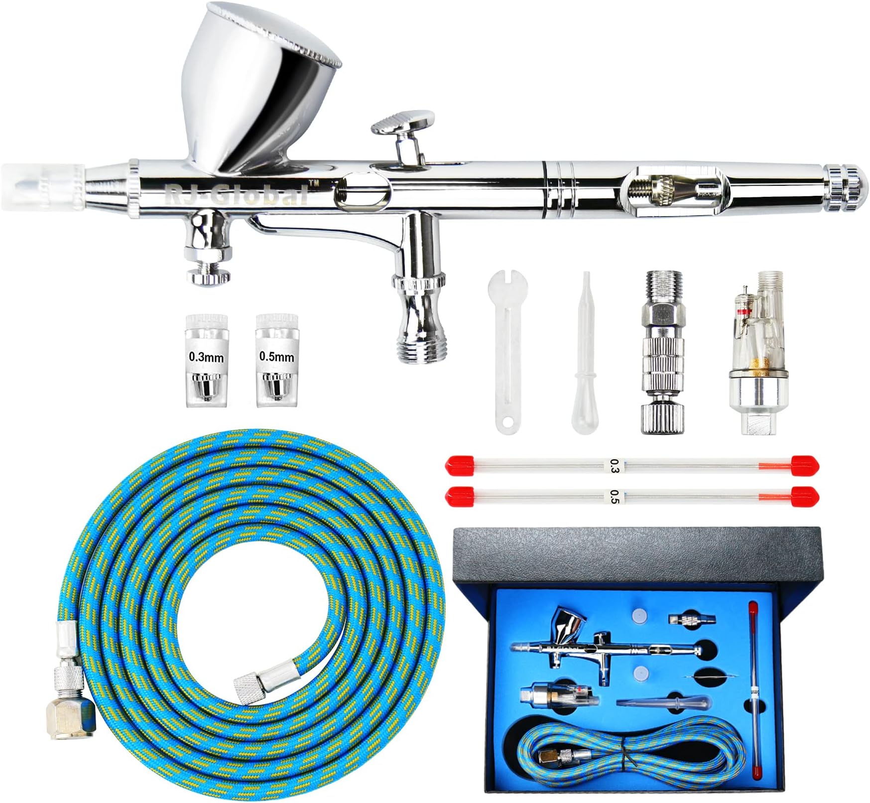 Double Action Airbrush Kit Air Brush Spray Tool with 0.3mm/0.2mm/0.5mm Needles, 9CC Paint Cup and Air Hose for Tattoo Nail Art Car Hobby Painting Photo Retouching Cake Decorating and Textiles