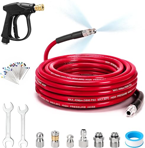 Sewer Jetter Kit for Pressure Washer 50 FT, Drain Cleaner Hose with Power Washer Gun, 1/4 Inch NPT Corner, Rotating and Button Nose Sewer Jetting Nozzle,Waterproof Tape, Pearl Corsage Pin, Spanner