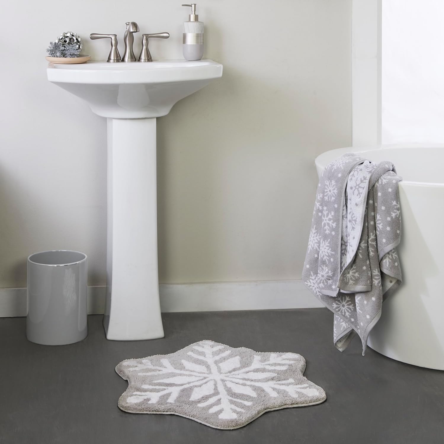 SKL Home Christmas Winter Snowflake Rug, Plush & Absorbent, Slip-Resistant, Gray