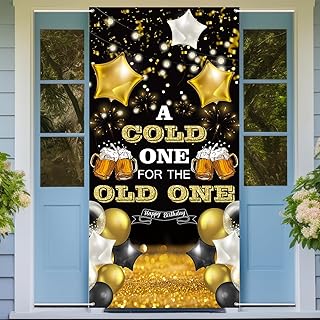 A Cold One for the Old One Door Banner | Beer Party Decorations Door Sign Black and Gold | Happy Birthday Backdrop for 30th 40th 50th Birthday Cheers and Beers Party Supplies