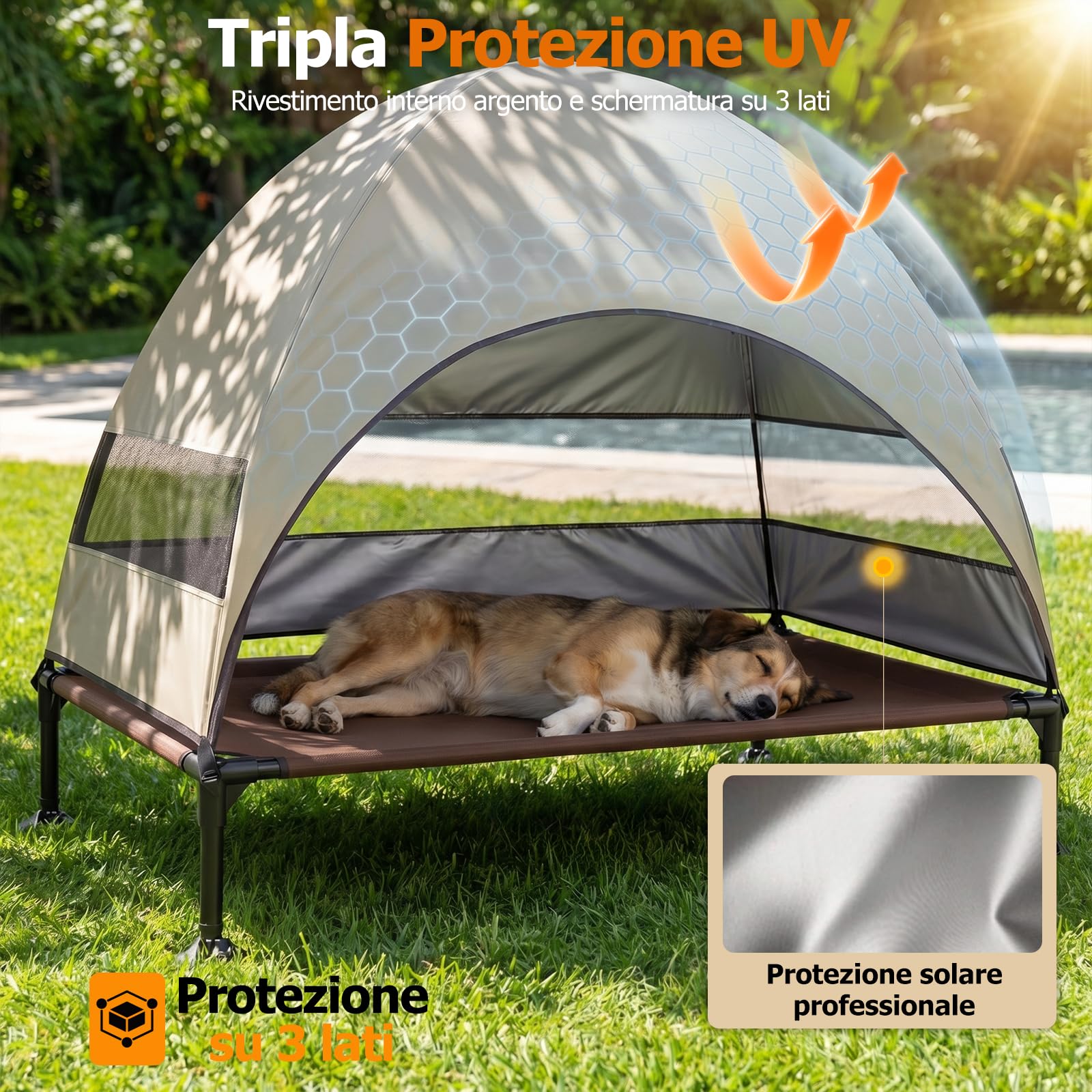 Cuccia rialzata per cani da esterno con tetto, pieghevole con piedini antiscivolo, tenda per cani da esterno con grande ombra, per il campeggio, il giardino, la spiaggia e la piscina (Cachi, L)