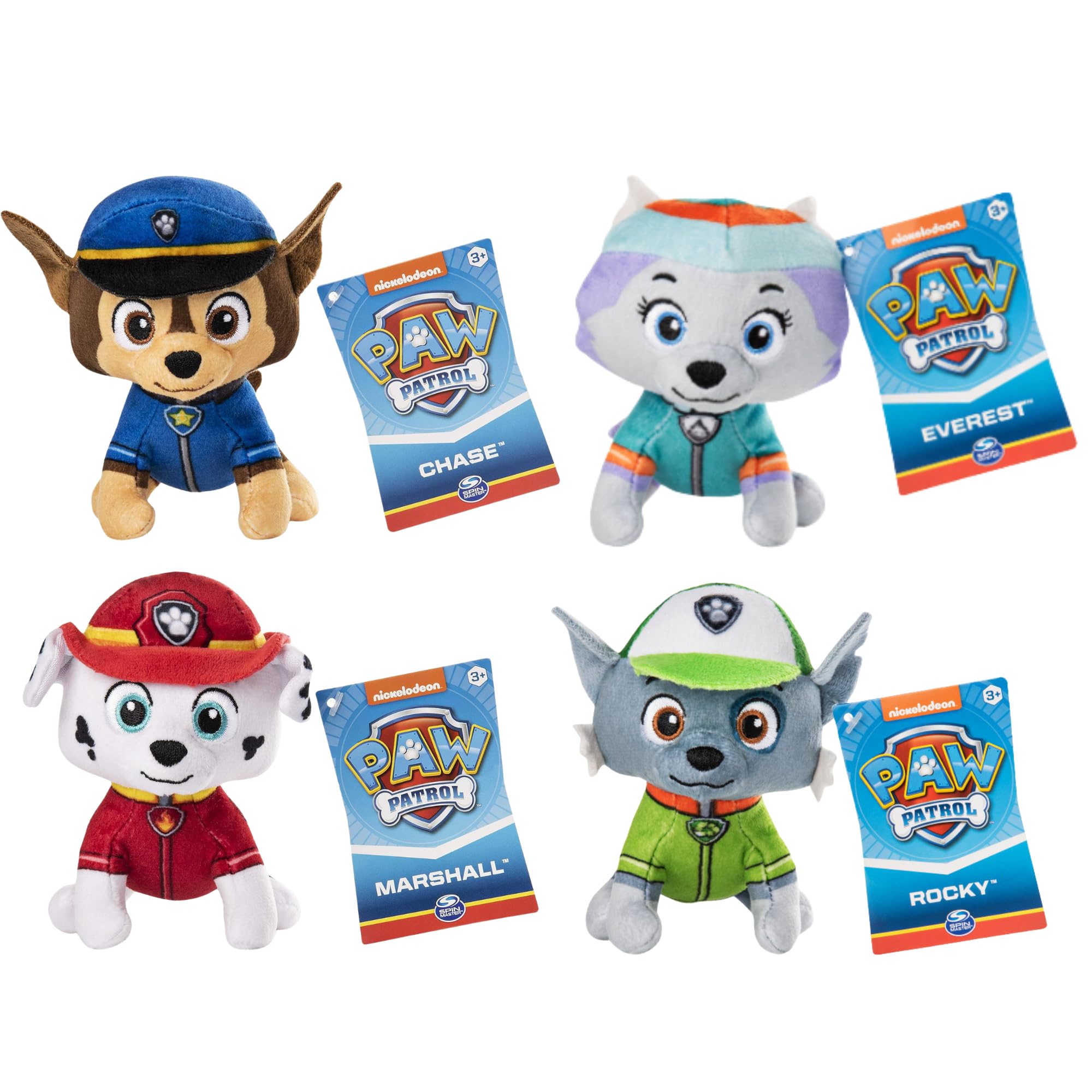 Paw Partrol Plush 4" 10cm Super Soft Embroidered Gift Quality Toy - (Set of 4 - Chase, Marshall, Everest & Rocky - Set 1)
