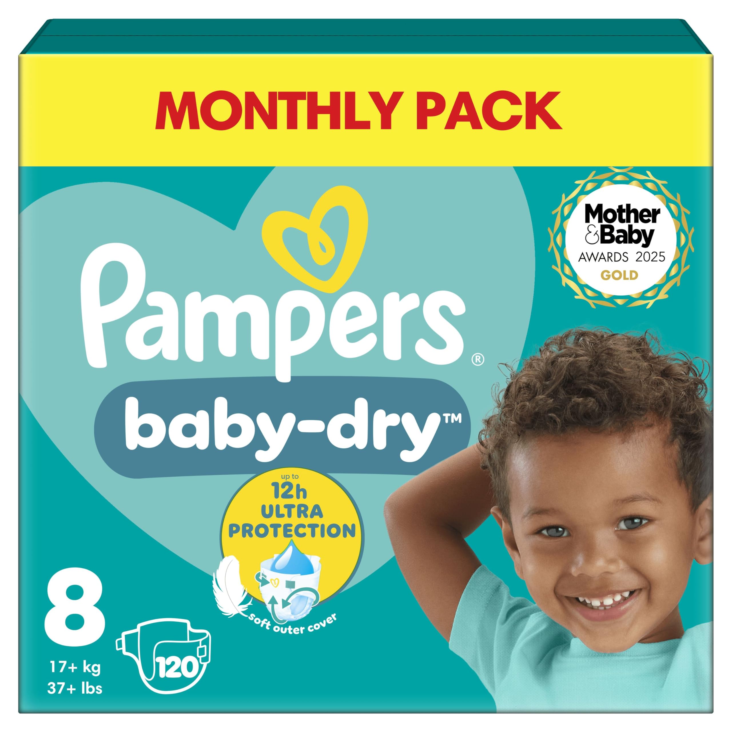 Pampers Baby-Dry Size 8, 120 Nappies, 17kg+, Monthly Pack, Up to a 100% Leak-Free & Comfortable Night-The Forest Stewardship Council