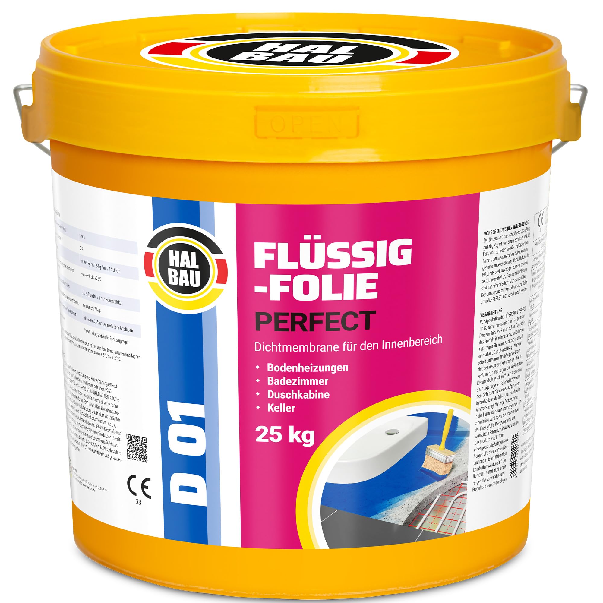 Flüssigfolie Profi 25kg, Flüssiggummi für Innen, Wassersperre unter Fliesen, Bad, Dusche, Abdichtung, Halbau D01
