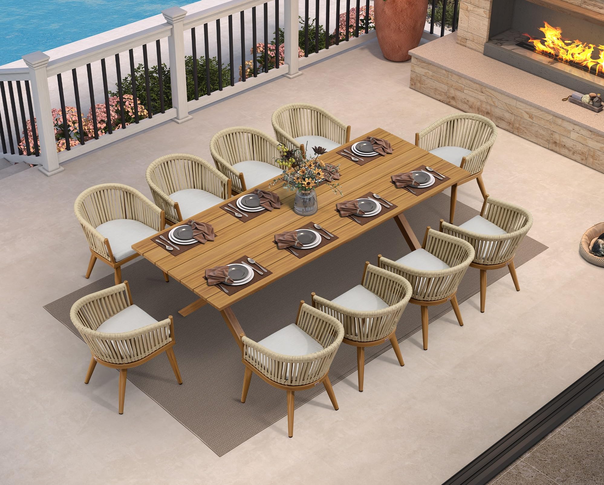 PURPLE LEAF 11 Pieces Outdoor Dining Set with Cushion Woven Rattan, Teak