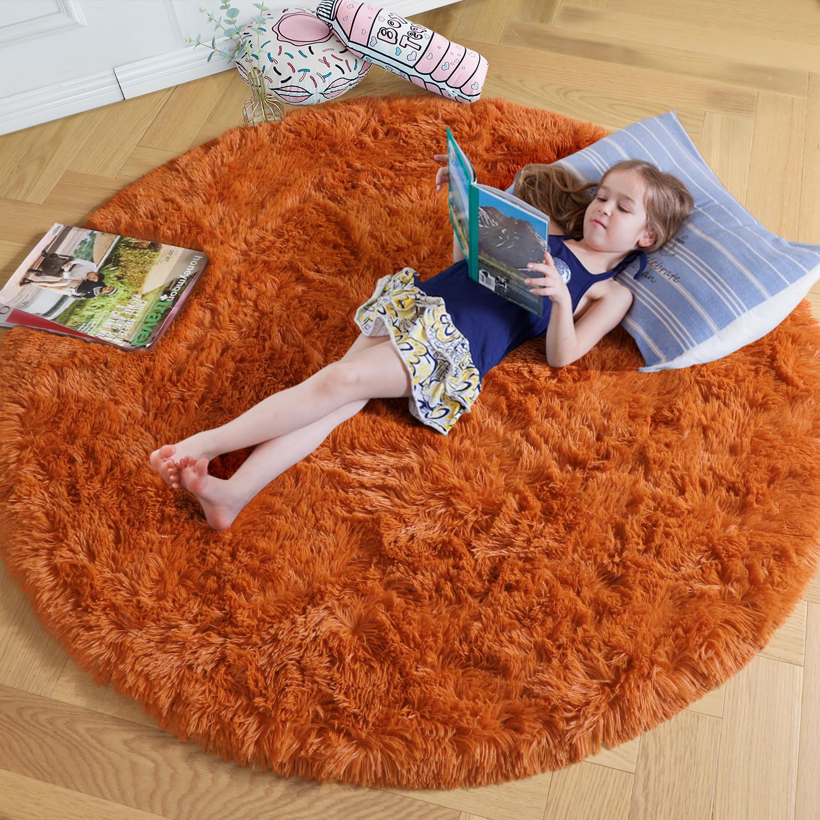 Amdrebio Burnt Orange Round Area Rug 5Ft for Bedroom Living Room, Fluffy Fuzzy Shaggy Furry Circle Rugs for Kids Room Decor Aesthetic, Cute Plush Shag Dark Orange Carpet for Nursery Dorm Classroom — image 1