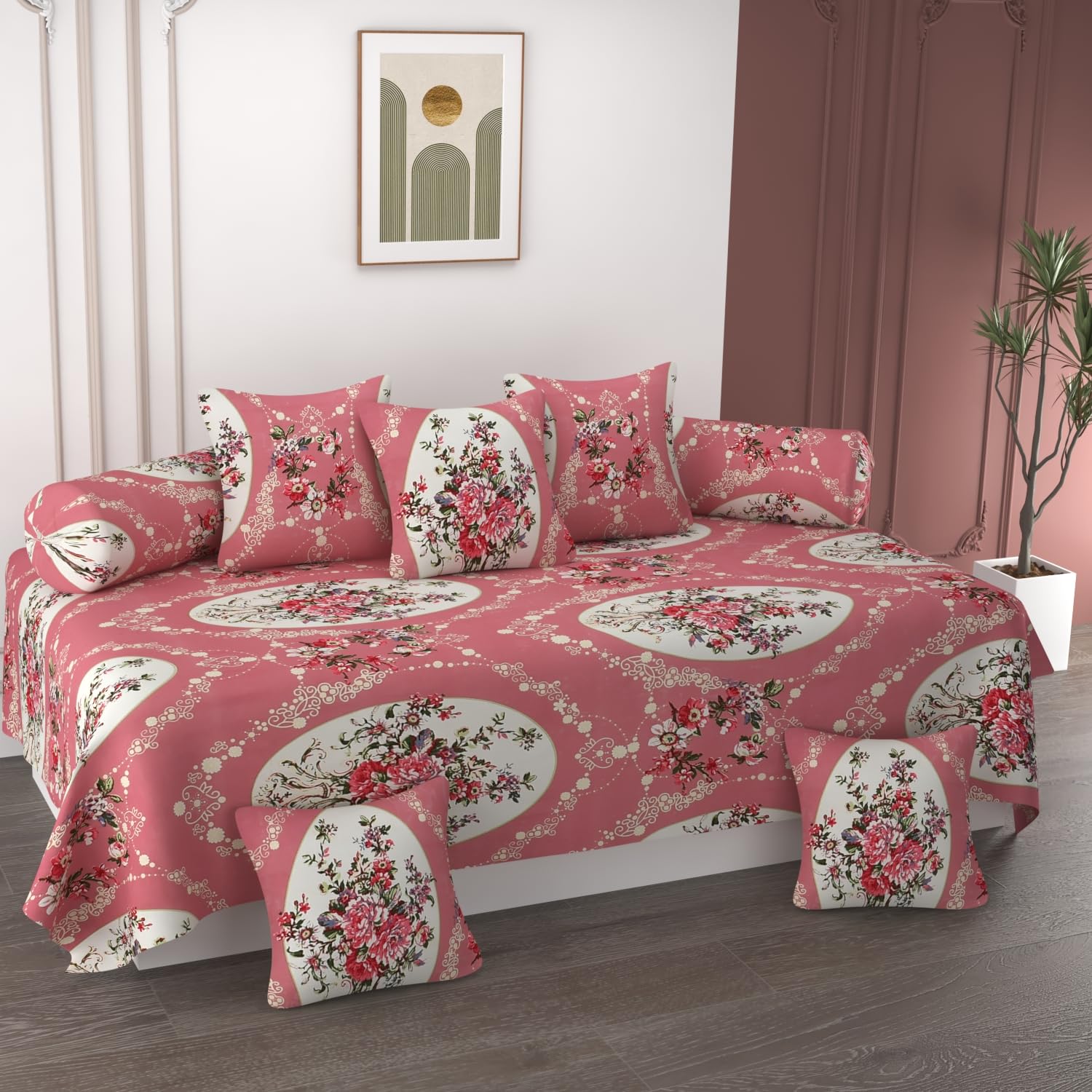 Jai BUN Trendy Glace Cotton Floral 8 Pieces Diwan Cover Set for Living Room/Bed Room || One Single Bedsheet, 2 Bolster Covers, 5 Cushion Covers with Zippers, Multicolor-image-38