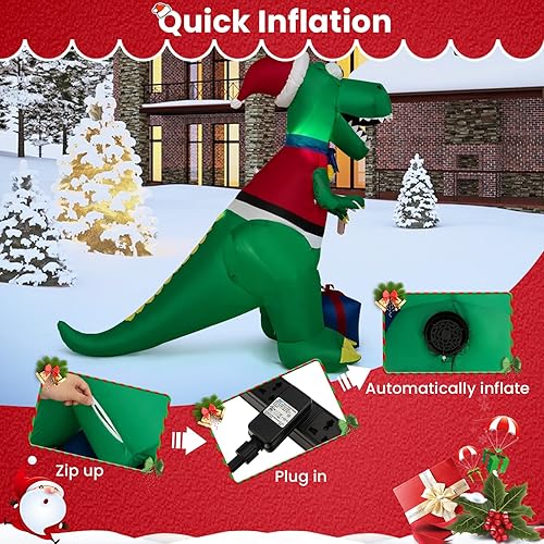 Miniatura 6 de GOFLAME Decoración inflable de Navidad de 5 pies, chimenea de escalada de Papá Noel elevable, de pie junto a renos con caja de regalo, decoración