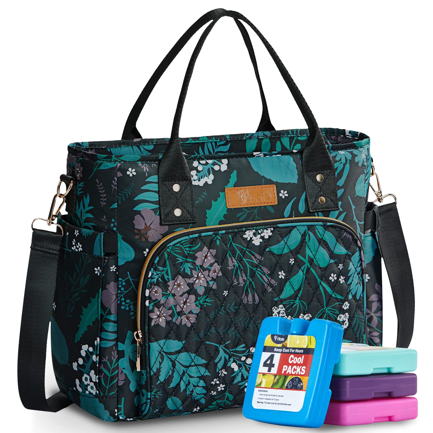 Yitote Cute Lunch Bag Women Insulated with 4 Icepacks for Women with Bottle Holder with Adjustable Shoulder Strap, Lunch Bags for Work (Floral)