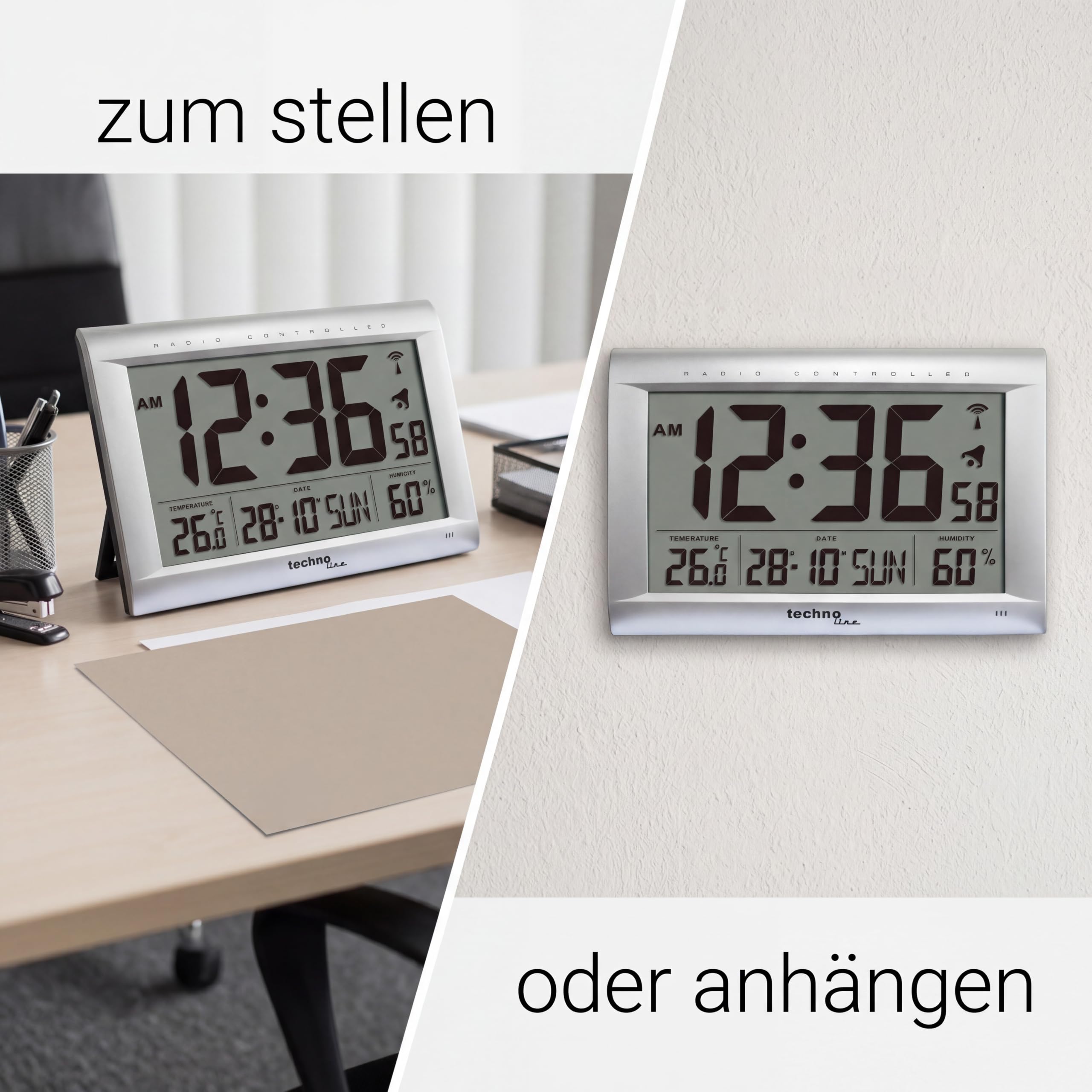 Technoline WS 8009 Funkwanduhr mit DCF-Funkempfang | XXL LCD-Display | Temperatur- und Luftfeuchtigkeitsanzeige | Kalender mit Wochentag | Wecker mit Snooze | Wand- und Tischuhr | weiß