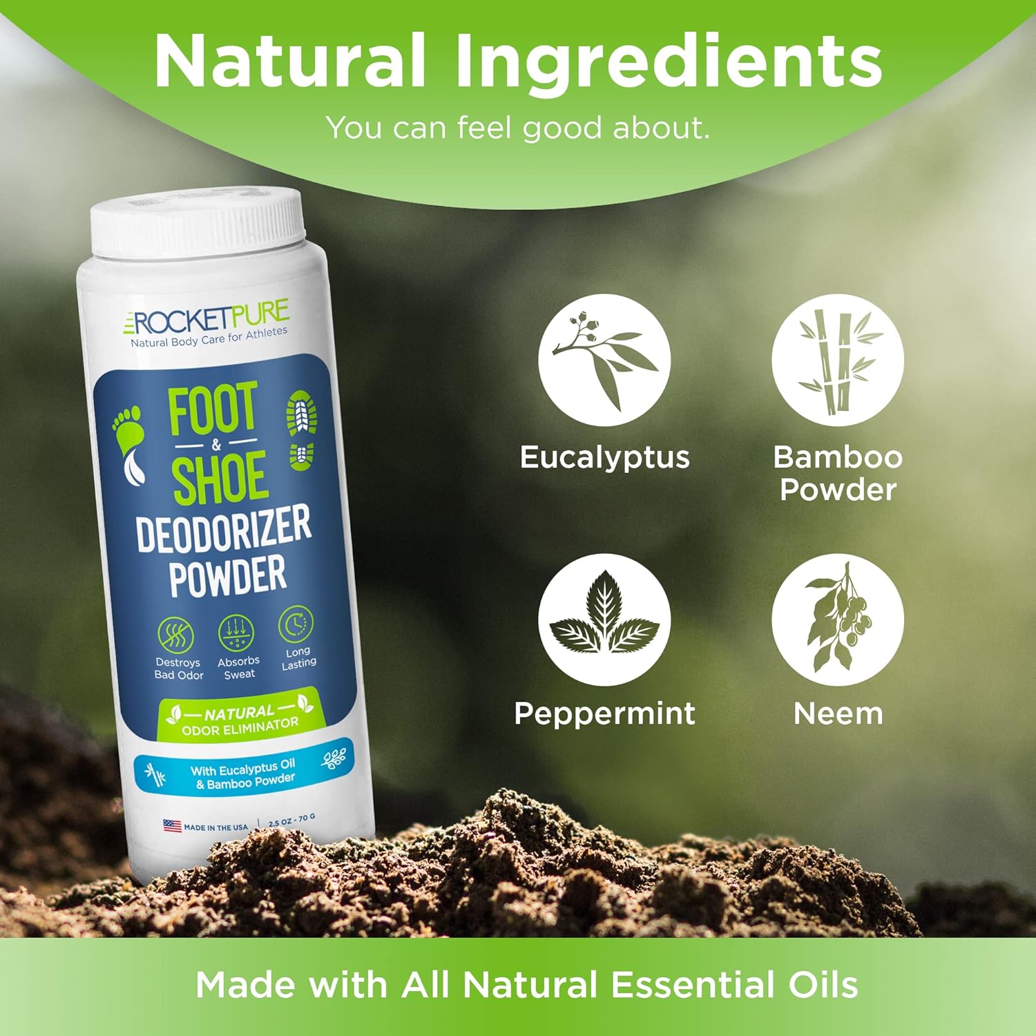 Rocket Pure Natural Foot Spray & Foot Powder - Shoe Odor Eliminator, Shoe Deodorizer Spray, Foot Powder Odor Control : Health & Household