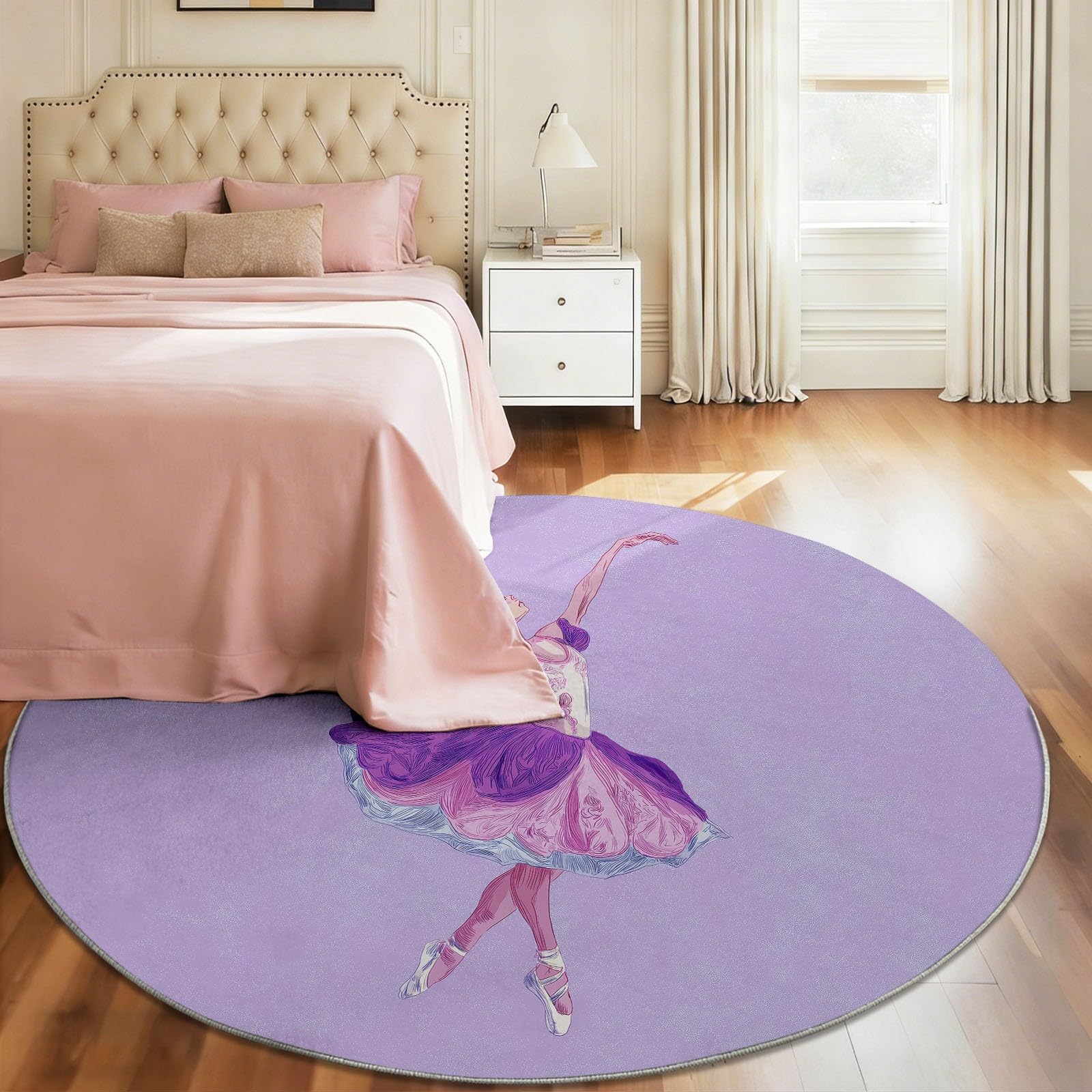 Generico Viola Ballerina Tappeto Rotondo Salotto 120 cm, Lavabile e Antiscivolo, Incantevole Raffinata e Sognante Pelo Corto Morbido per Camera e Studio, Ideale per Famiglie