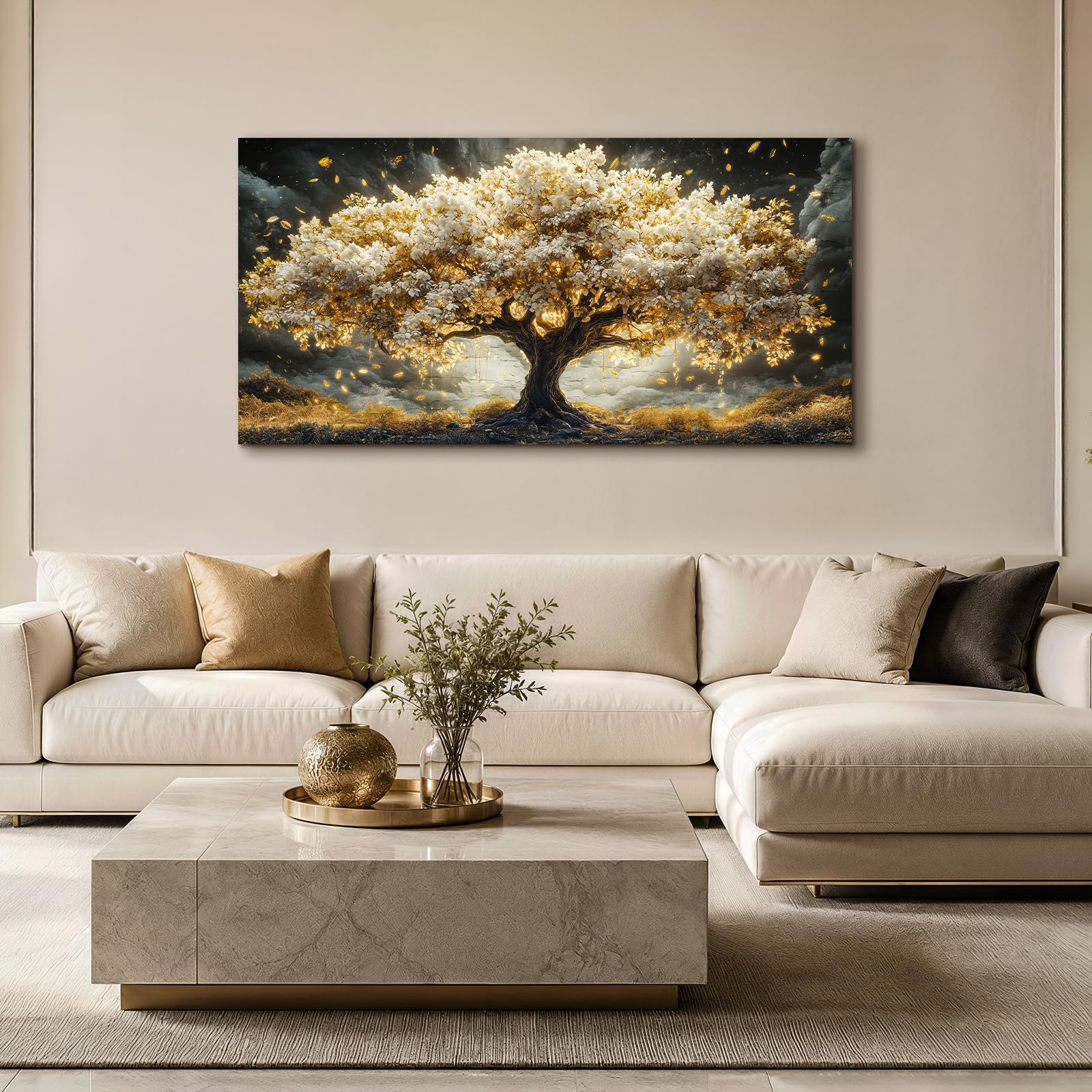 JHHUAMO Tableau Décoration Murale Arbre de Vie Doré Salon Chambre 73x146 cm | Tableau Nature, Impression Haute Définition, Installation Facile, Artisanat Exquis, Polyvalent