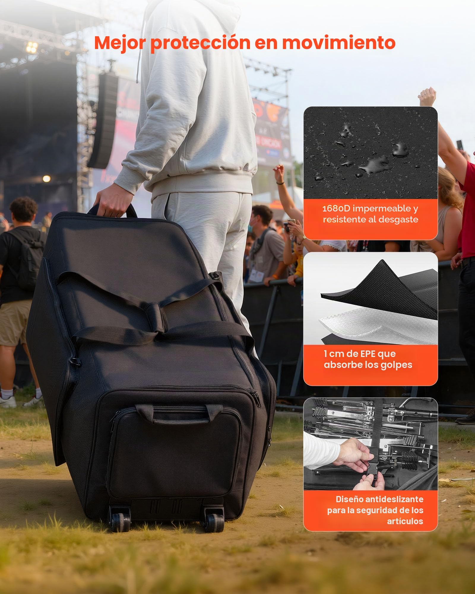 VEVOR Bolsa de Transporte para Herrajes de Batería, 90 x 35 x 32 cm, Funda para Hardware de Batería con Ruedas Correa de Hombro, 1680D Impermeable Antichoque, para Soportes Pedal Accesorios, Negro