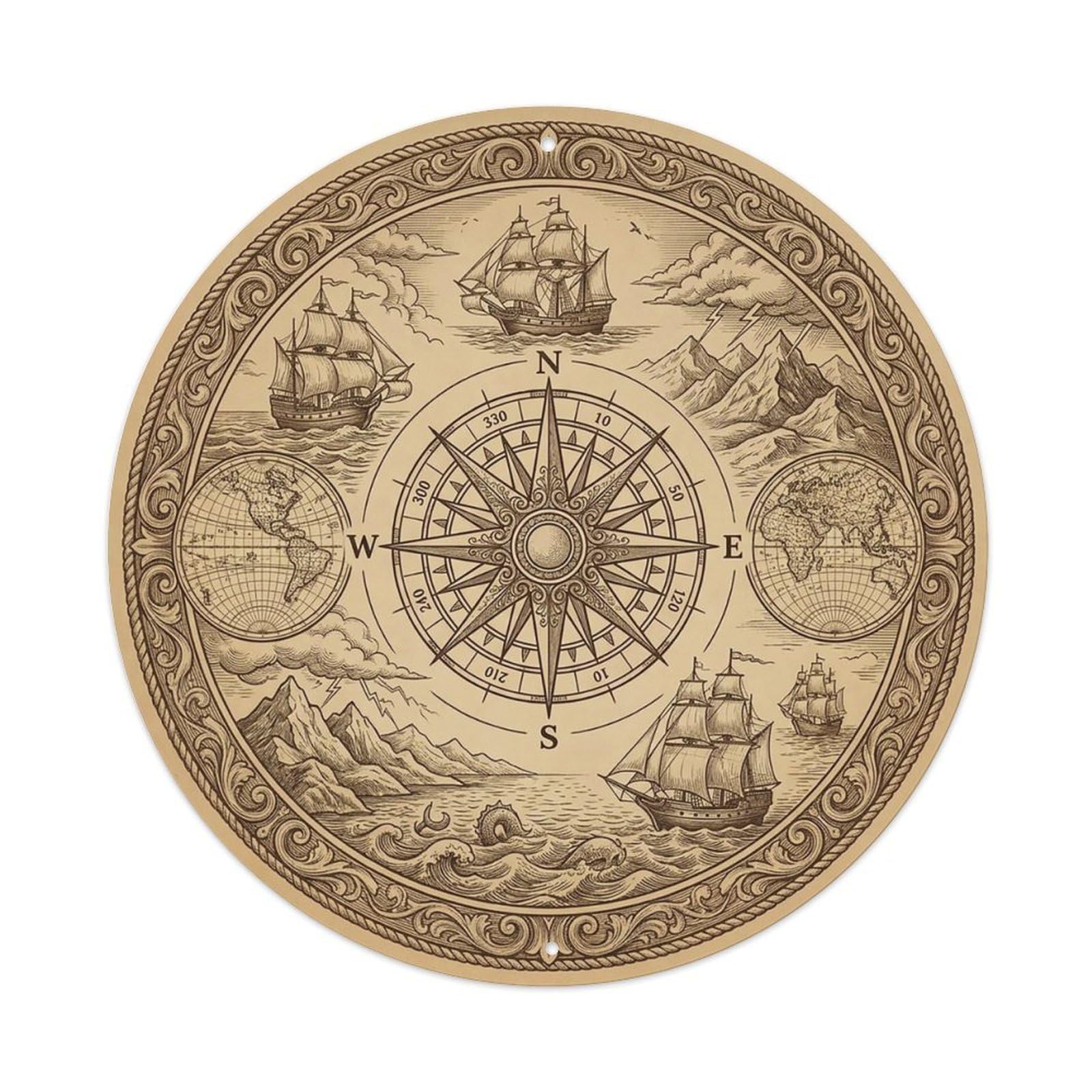 Vintage Nautical Compass World Map Cruising Guide Metal Tin Sign