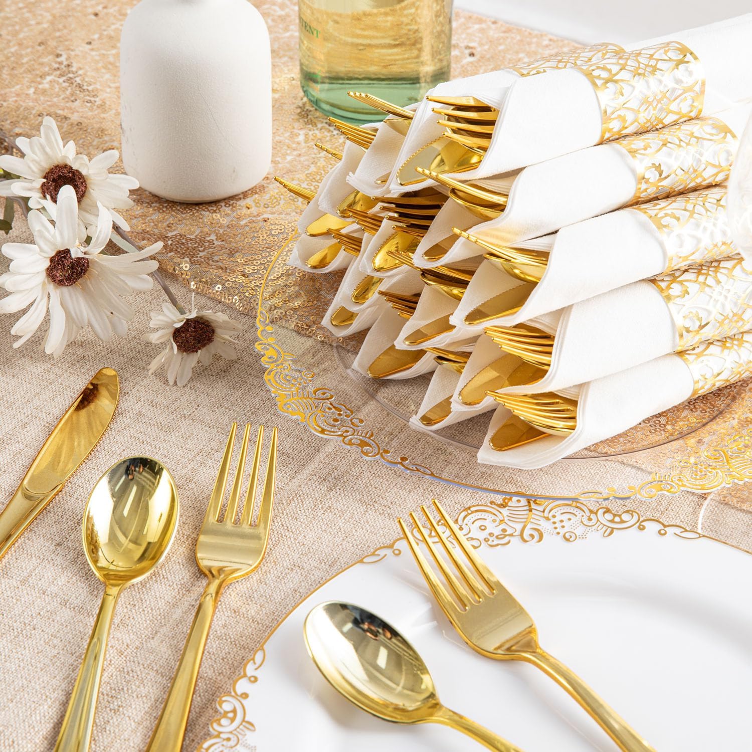 100 Pre-Rolled Gold Plastic Silverware Sets for Parties, 400pc Set - Disposable Silverware for 100 Guests with Forks, Knives, Spoons, and White Napkins - Decorative Flatware for Parties and Weddings