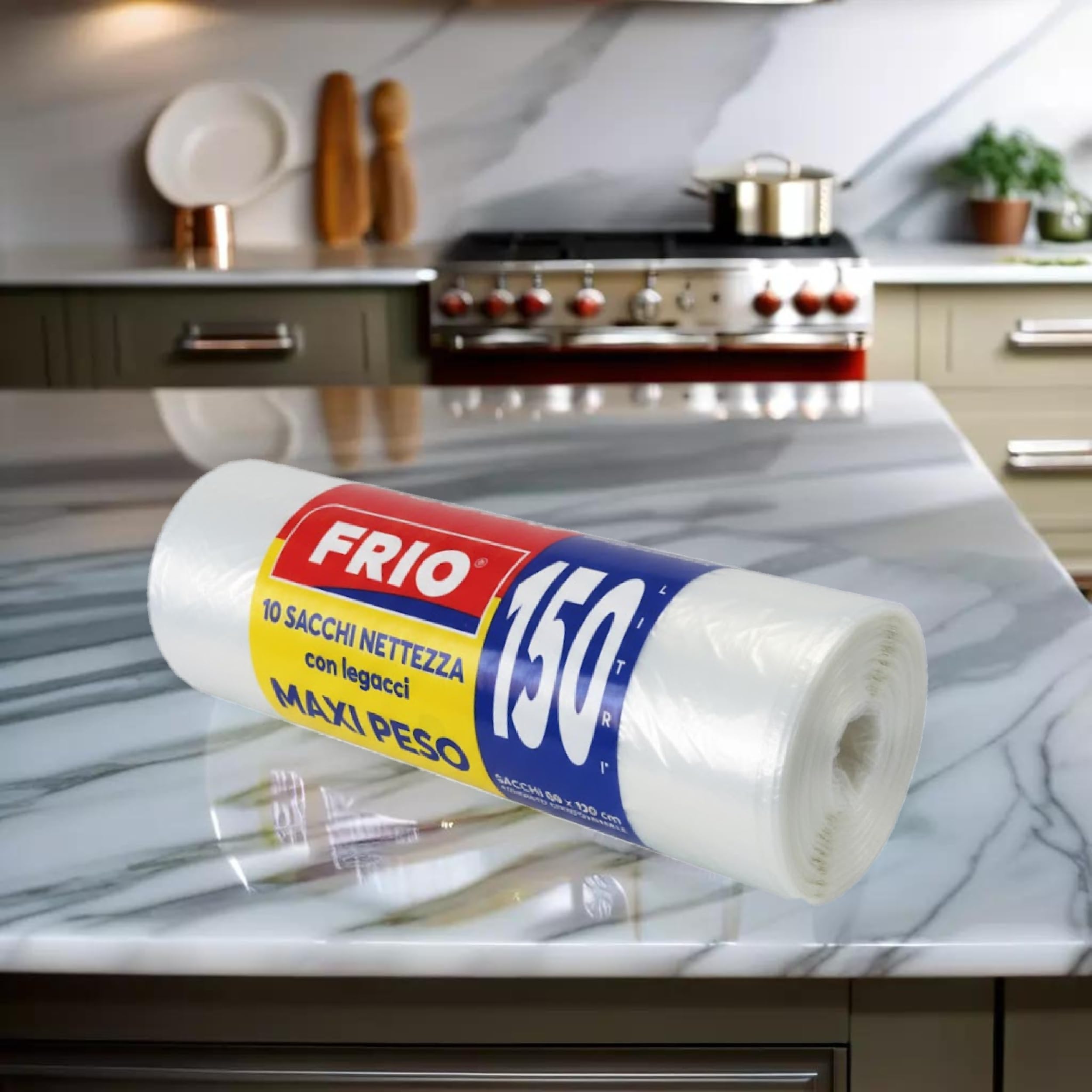 FRIO - 200 sacchetti grandi, 150 litri, trasparenti, sacchi spazzatura condominiali formato scorta per bidone raccolta differenziata, con legacci. Buste spazzatura 80x120 cm, multistrato, resistenti