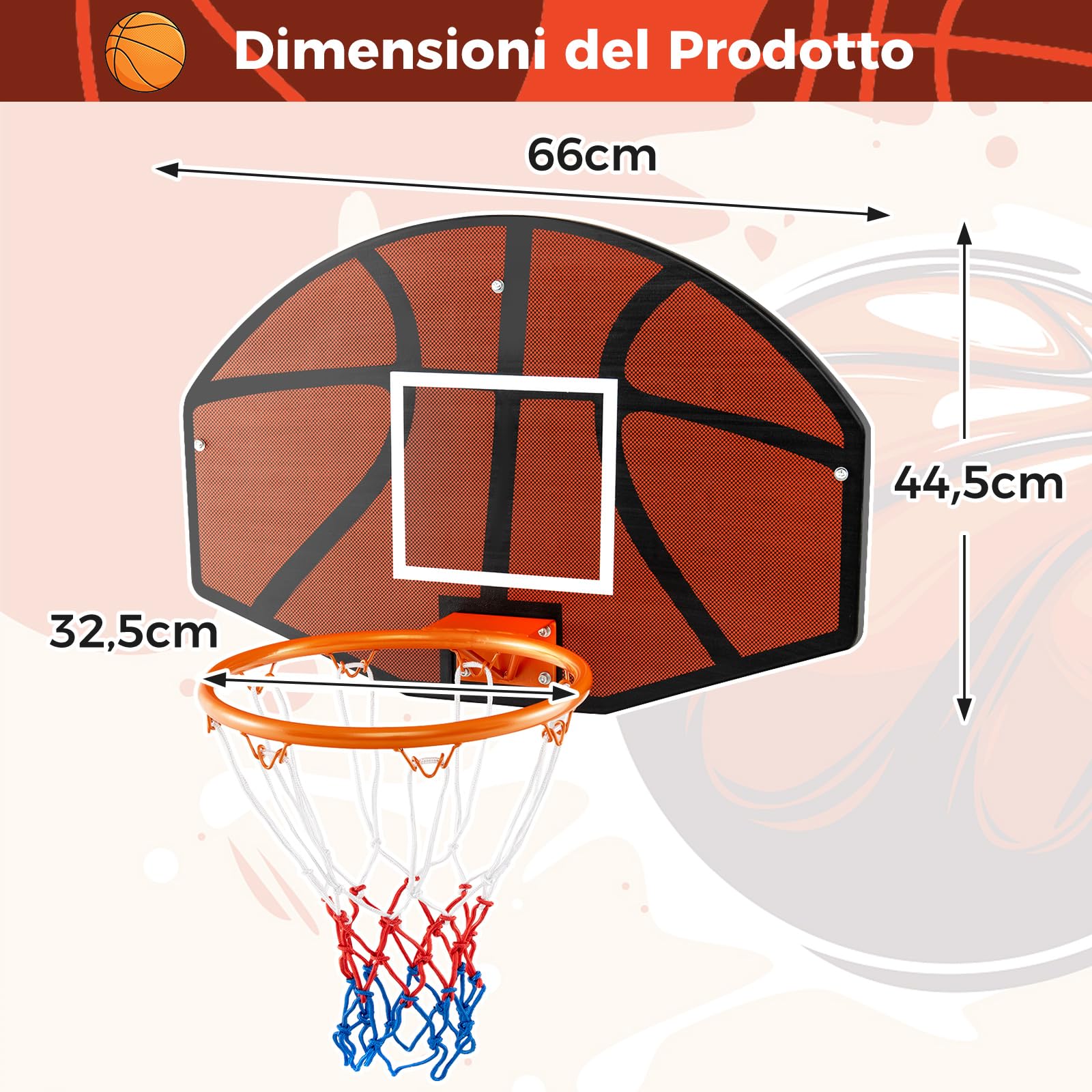 COSTWAY Tabellone Basket da Muro per Bambini e Adulti, Canestro da Basket a Parete da Interni ed Esterni con Tabellone Antiproiettile da 66,5 x 44,5 cm, Rete Anti-strappo e Accessori Completi