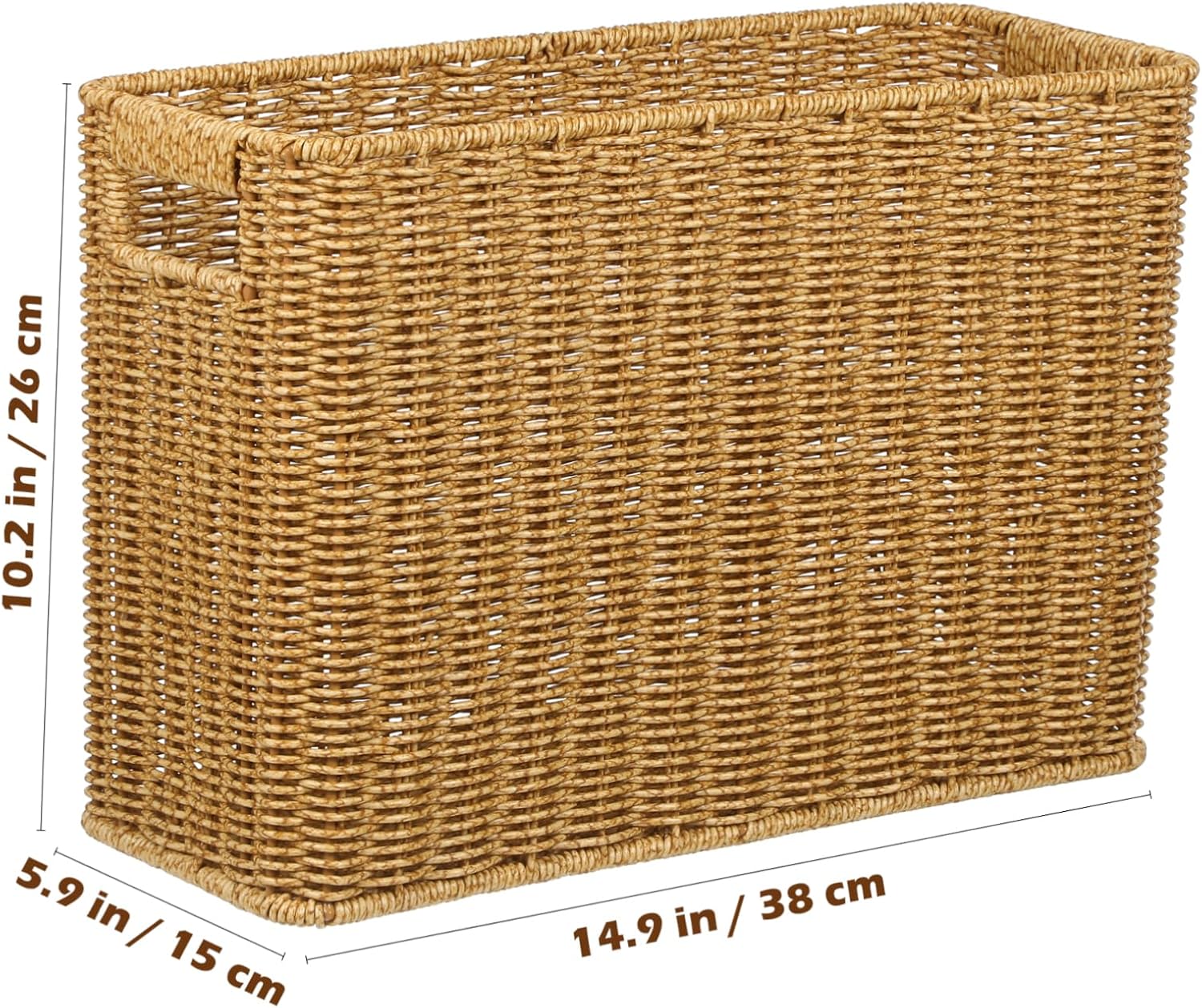Imitation Rattan Weave Basket for Desktop Storage Hollow Handle Organizer for Sundries Stylish Magazine Holder for Home and Office Rustic Decorative Storage