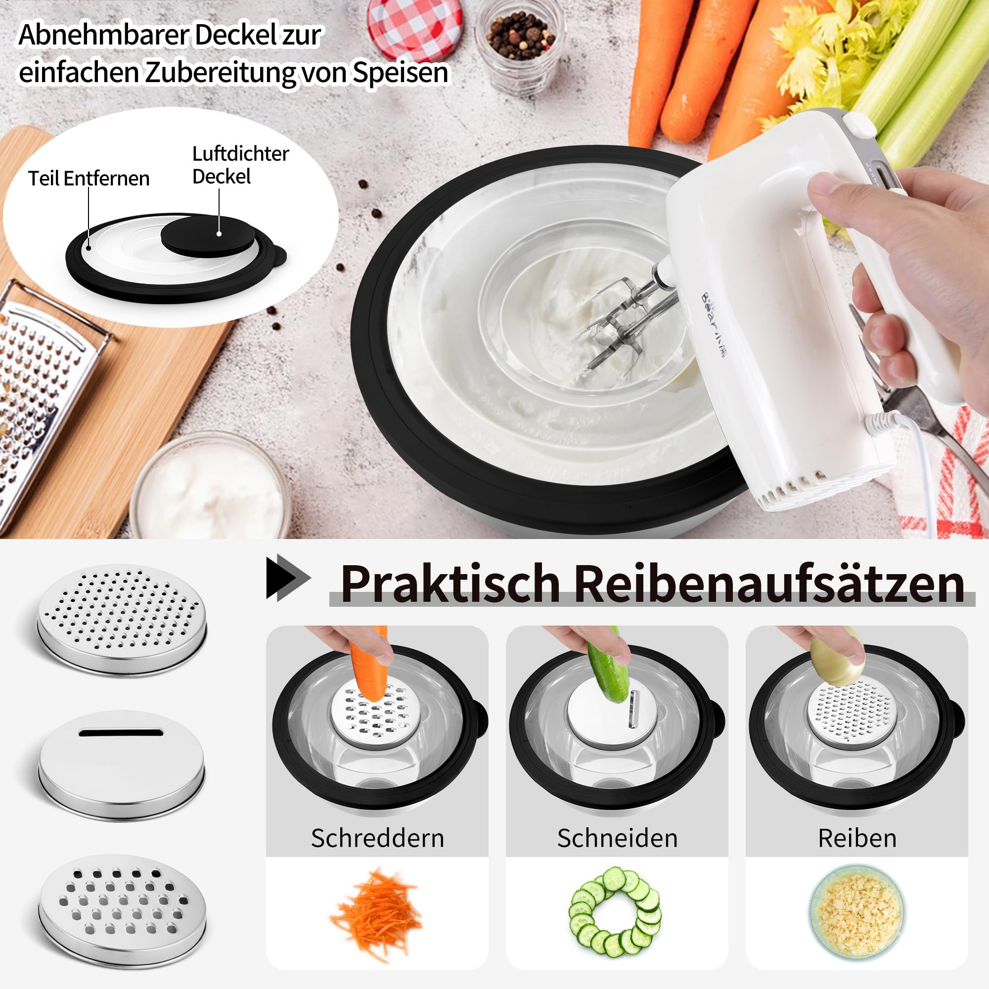 Joyfair Zestaw 6 misek do mieszania, miska ze stali nierdzewnej z przezroczystą pokrywką i 3 nakładkami do tarcia, 4,5 l/2,7 l/ 1,5 l/1,2 l/0,7 l, miska do sałaty do gotowania, pieczenia, możliwość