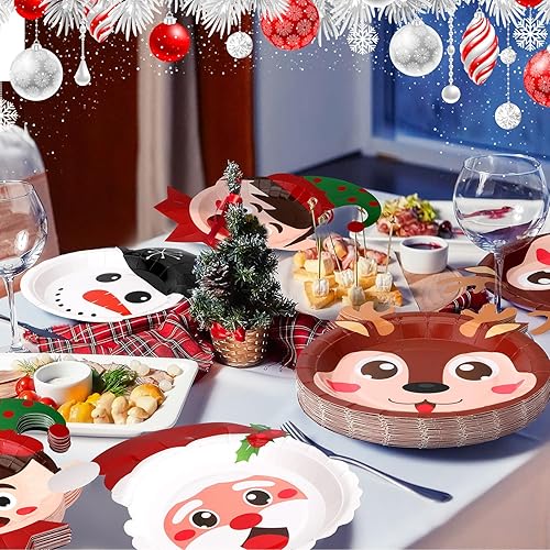 Miniatura 5 de Uiifan 100 platos de papel de Navidad, platos desechables de Navidad, platos de Santa Navidad, juego de vajilla de Navidad, decoraciones de mesa,