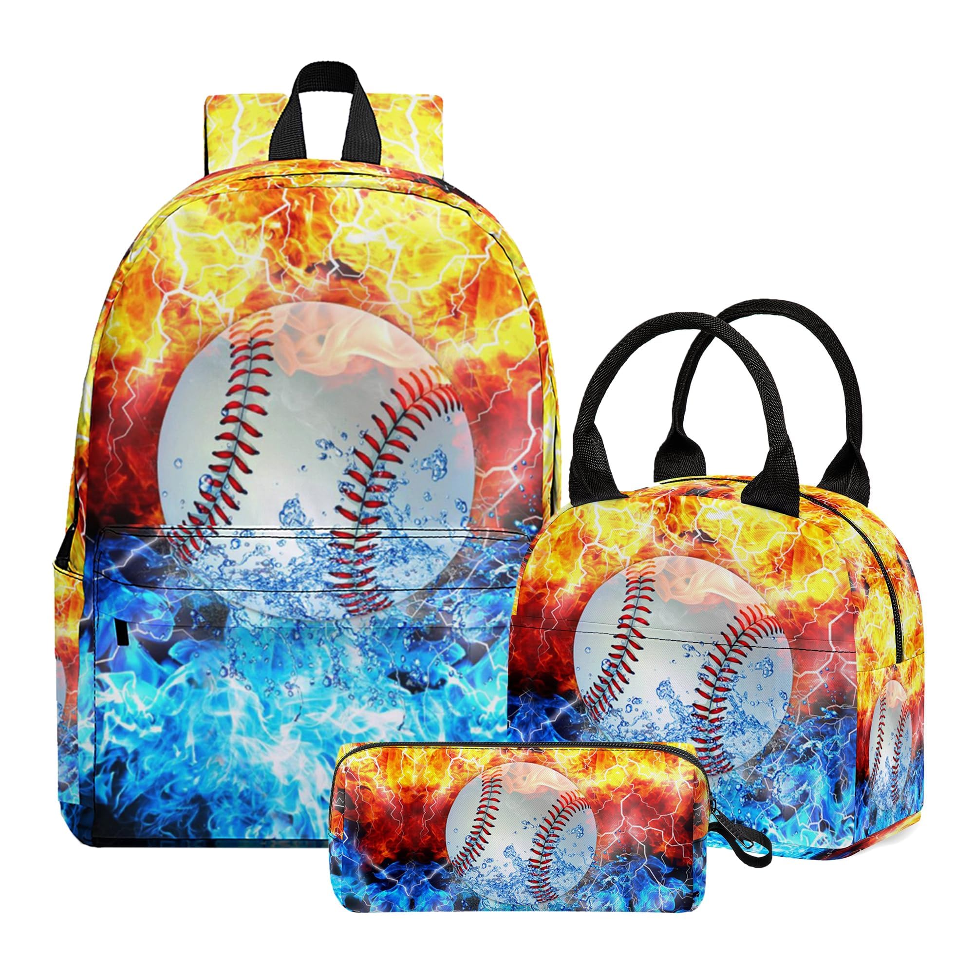 Baseball Backpacks Set for Boys Girls, 3pcs Backpack with Lunch Bag Pencil Case for Kids, Large Capacity 17 Inch Bookbag School Bag for Teen Elementary Middle High School
