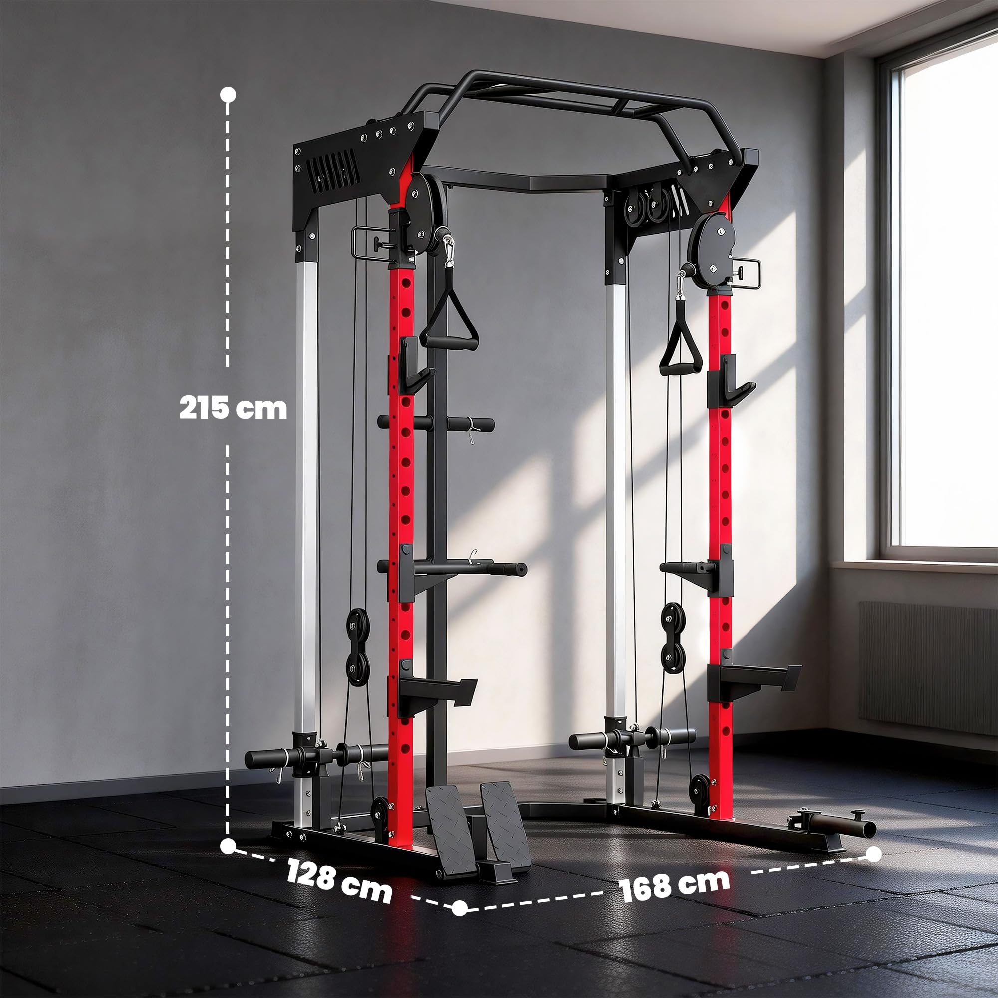 SPORTNOW Stazione di sollevamento Power Rack 900 kg - Gabbia per squat con doppia puleggia regolabile a 19 livelli - Home Gym Completo per allenamento di forza, con tiraggio Lat e accessori, nero