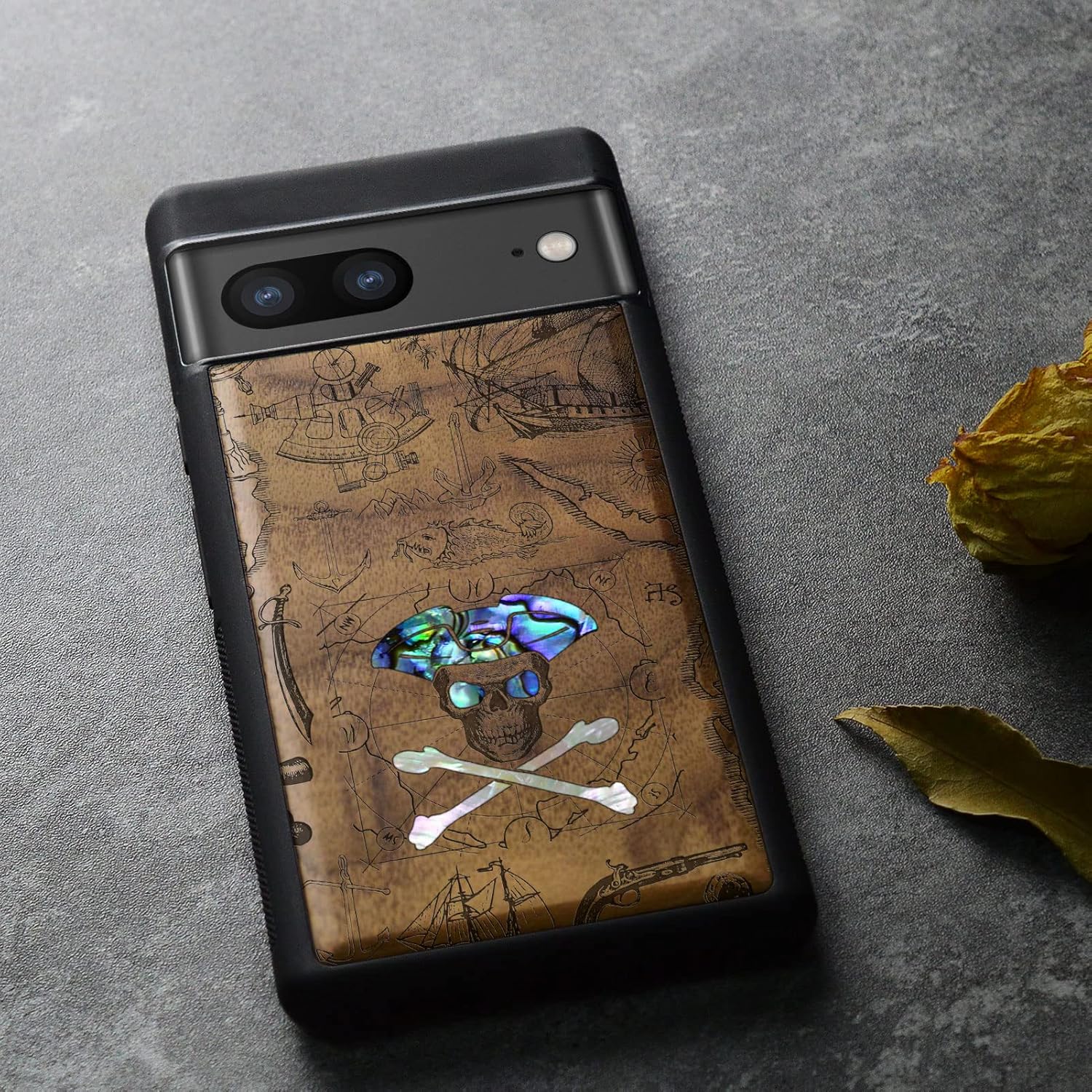 Carveit Designer Wooden Case for Google Pixel 7 Case Protective Cover [Wood Engraving & Shell Inlay] Unique Wood Cover Compatible with Wireless Chargers Pixel 7 (Pirate Skull-Walnut)