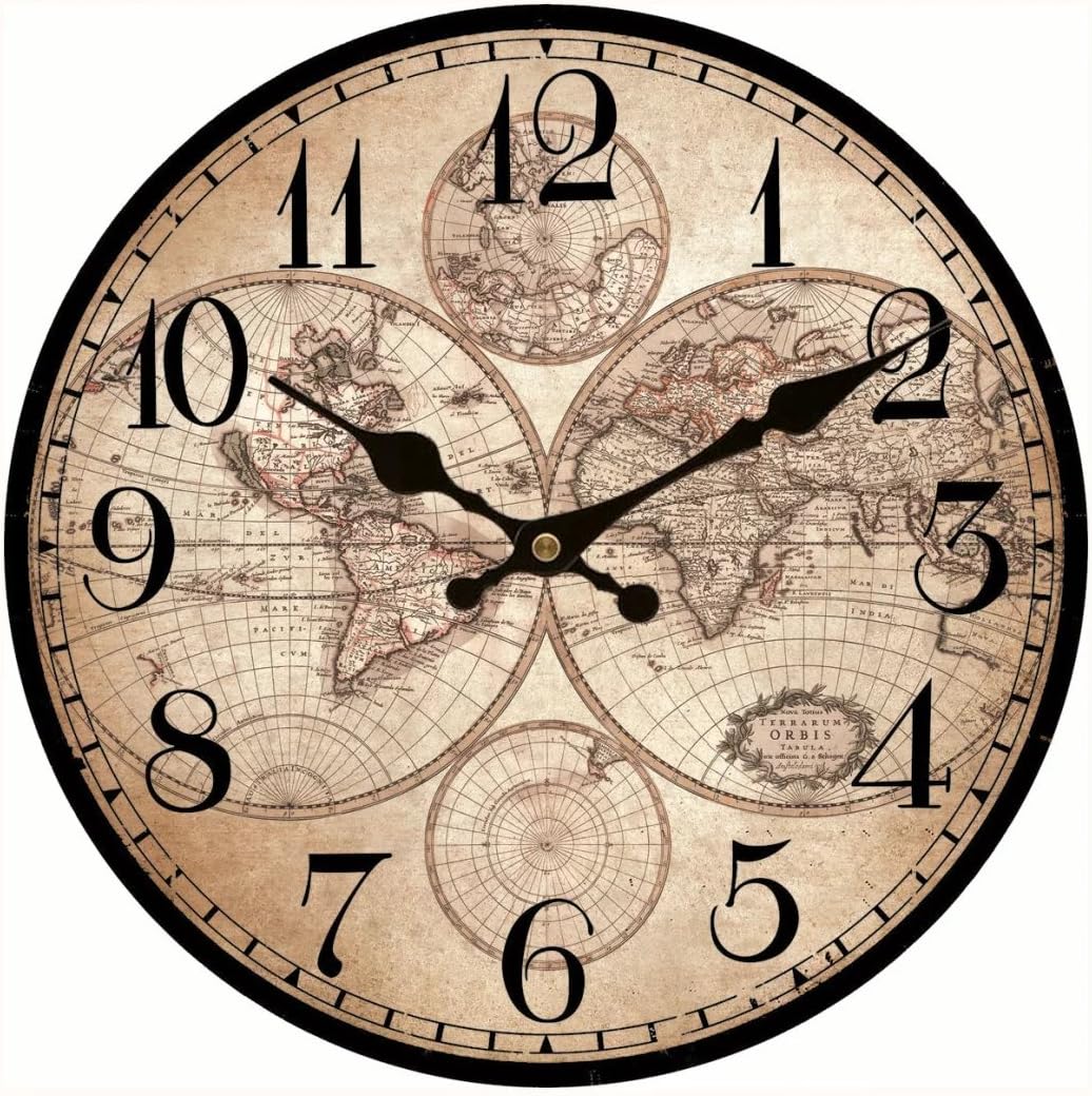 World Decorative Large Size Wooden Wall Clock Old Aged Map Home Wall Decor Arabic Numerals Design for Travel Enthusiasm 14"