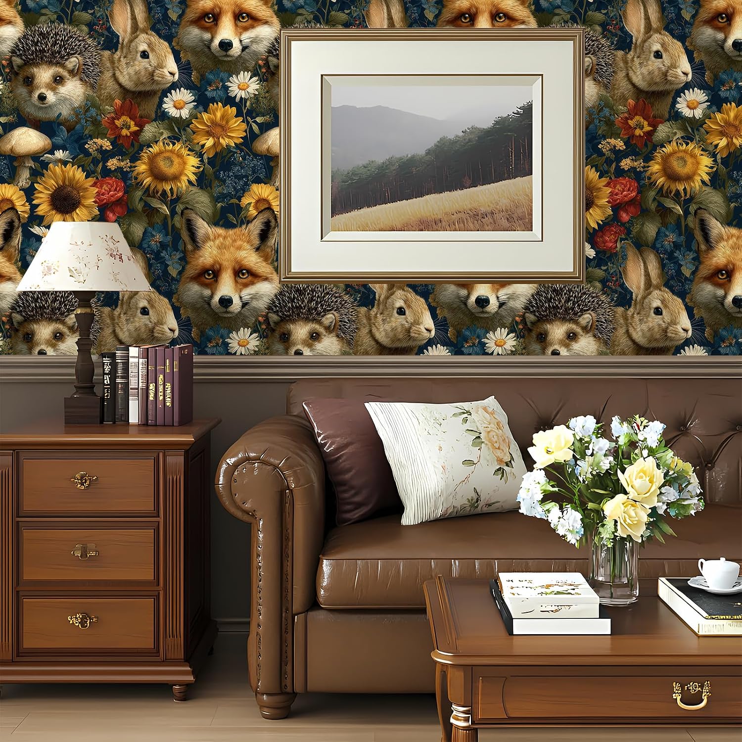 Vintage Forest Wildlife Floral Wallpaper Peel and Stick Removable 17.7" x 118.11" Realistic Sunflower Wall Paper Self Adhesive for Classroom Bedroom Laundry Room Bathroom
