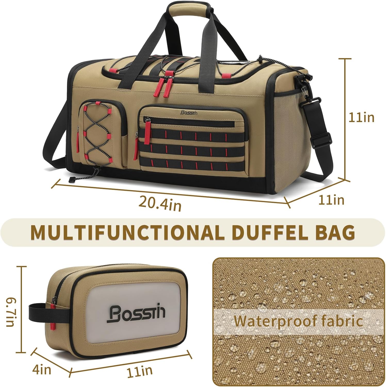Bosstin Gym Bag for Men & Women,45L Travel Duffle Sports Duffel Bag Gym Weekender Overnight Backpack with Shoe Compartment (Khaki) - Image 2