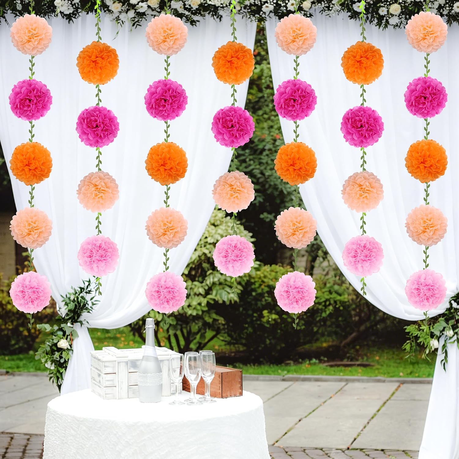 BestoFun 16 PCS Orange Hot Pink Tissue Paper Pom Pom Garland, Flower Garland, Vibrant Party Decorations for Birthday Wedding Anniversary Baby Shower Fiesta Celebration