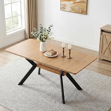JIEXI Extendable Dining Table 140-180cm, Oak Effect Kitchen Table with Black Metal Legs, Space Saving Rectangular Dining Room Table for Small Kitchens, Flats, Family Meals and Guests