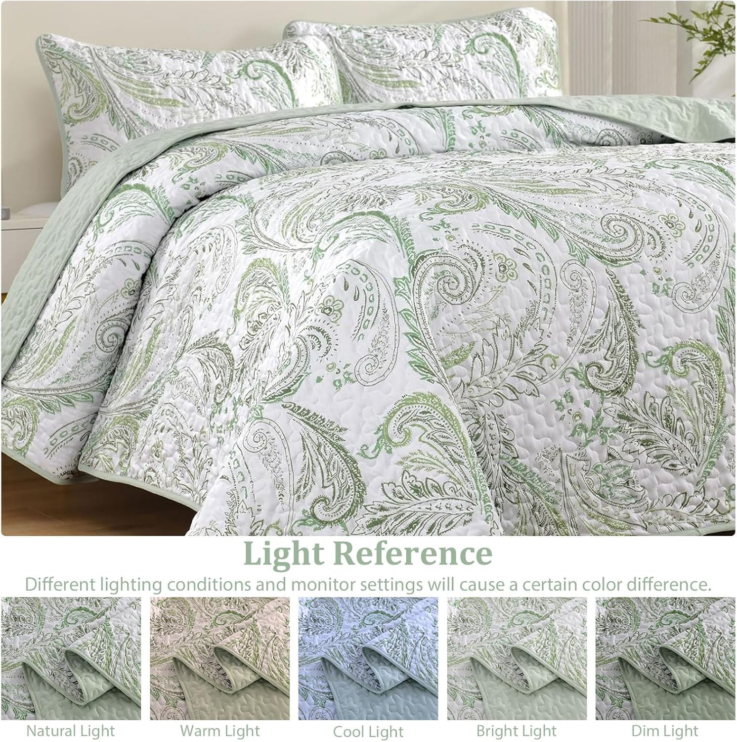 WONGS BEDDING Boho Quilt Set Queen,Green Paisley Floral Pattern Bedspread Coverlet Set with 2 Pillowcases,3 Piece Lightweight Microfiber Bohemian Quilt Bedding Set 96"×90" - Image 2