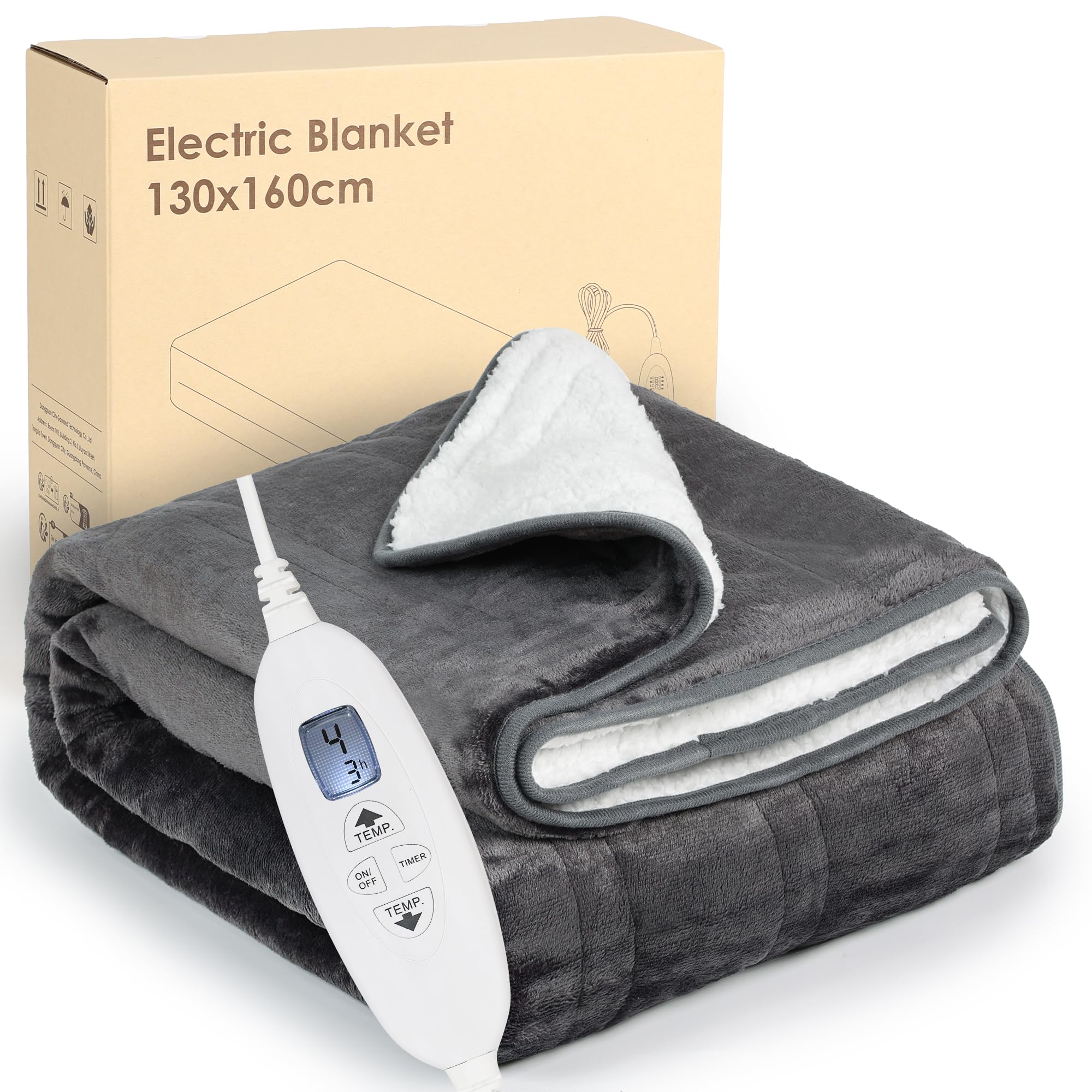 Coperta Elettrica, Coperta Riscaldante 160x130 CM, 4 Impostazioni di Calore e 4 Timer, Lavabile in Lavatrice
