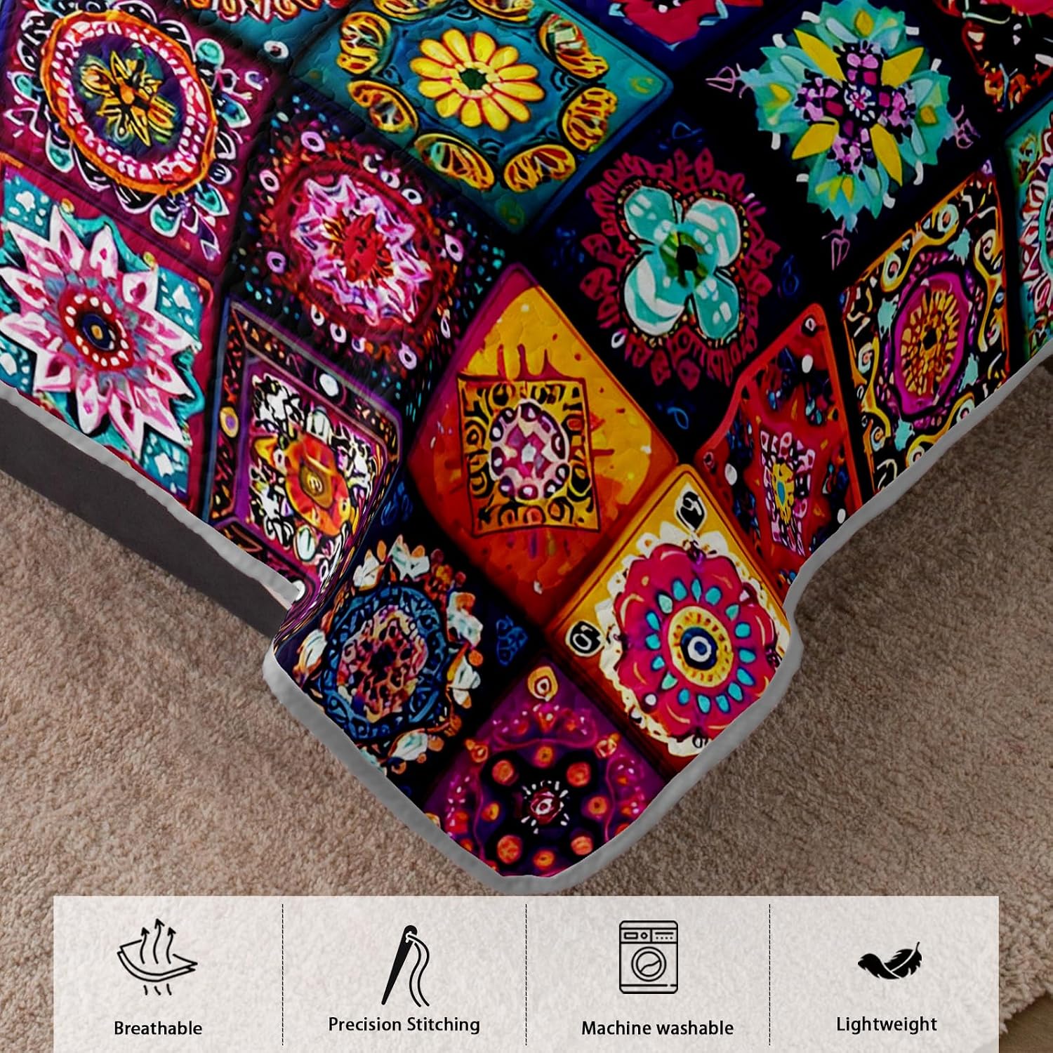 AILONEN Boho Floral Quilt Set Twin Size, Colorful Mandala Bohemian Ethnic Flower Bedspread Coverlet,Microfiber Bed Cover 3Pcs,2 Pillowcases