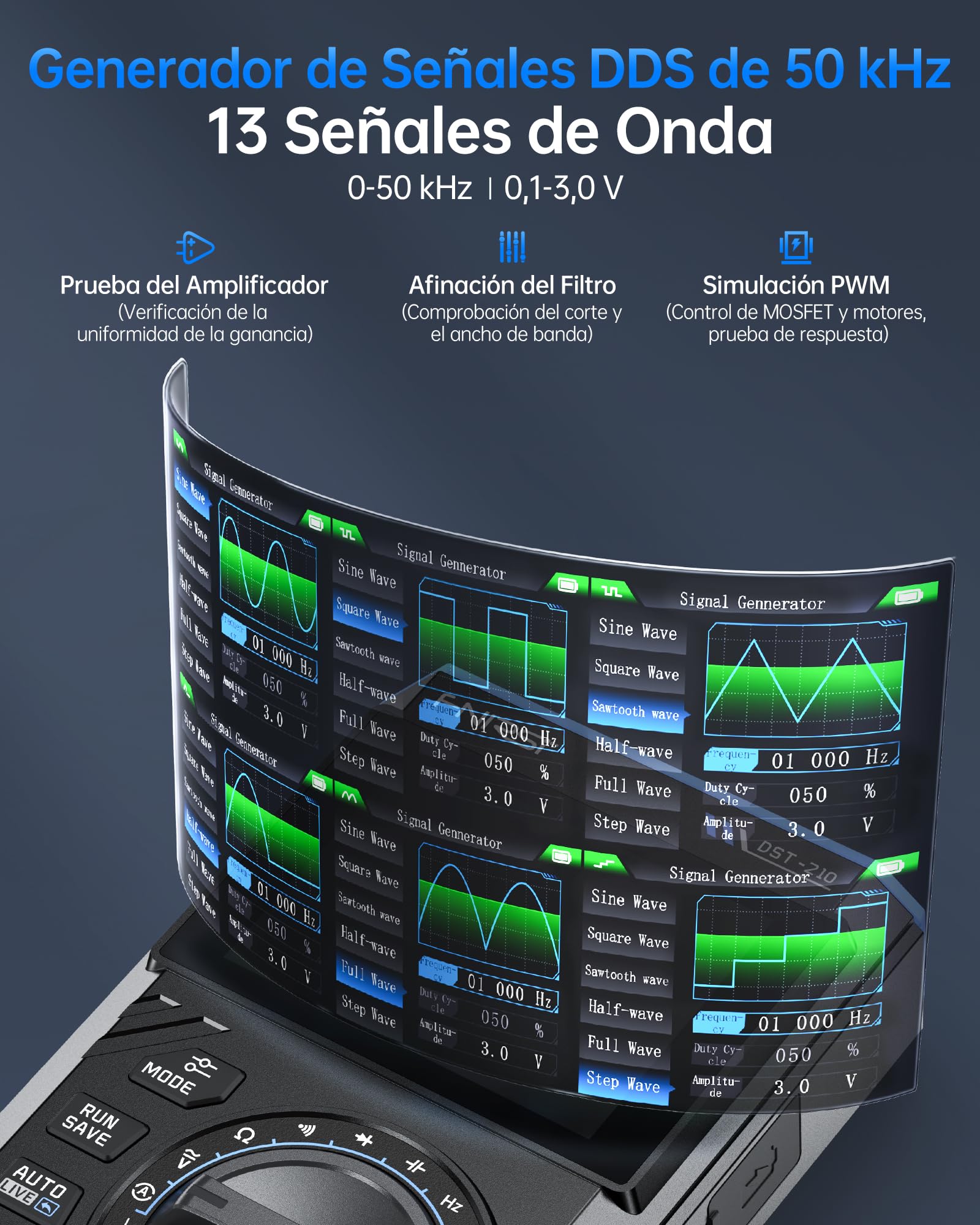 FNIRSI DST-210 Osciloscopio Portátil de Banda 10MHz, 19999 Cuentas, Digital Oscilloscope Multimeter DDS Generator 3IN1, Frecuencia de Muestreo 48MS/s, Voltaje CA/CC, Corriente, Condensador, Diodo