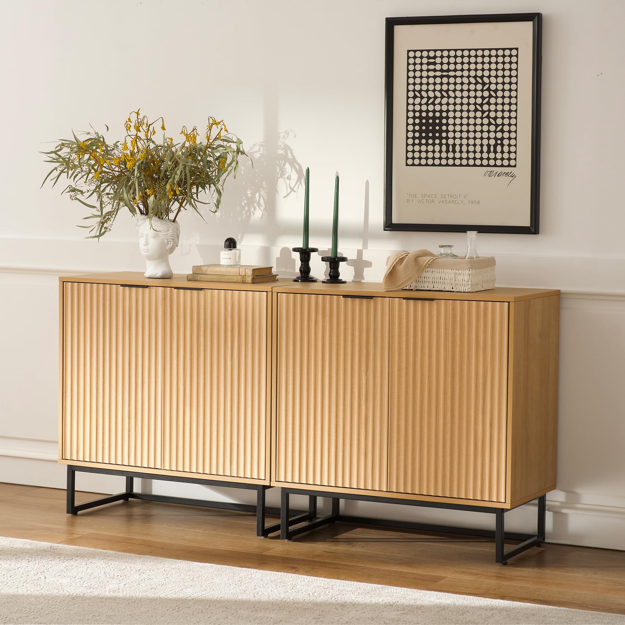 MoomJiee Fluted Storage Cabinet Set of 2, Sideboard Buffet Cabinet with Adjustable Shelves, Multifunctional Console Table with Storage Credenza for Living Room, Dining Room, Natural Oak